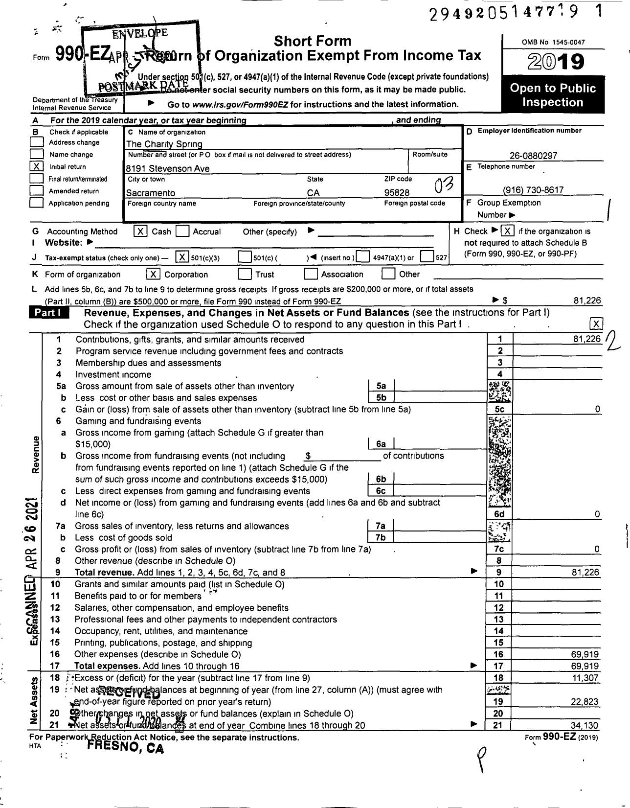 Image of first page of 2019 Form 990EZ for The Charity Spring