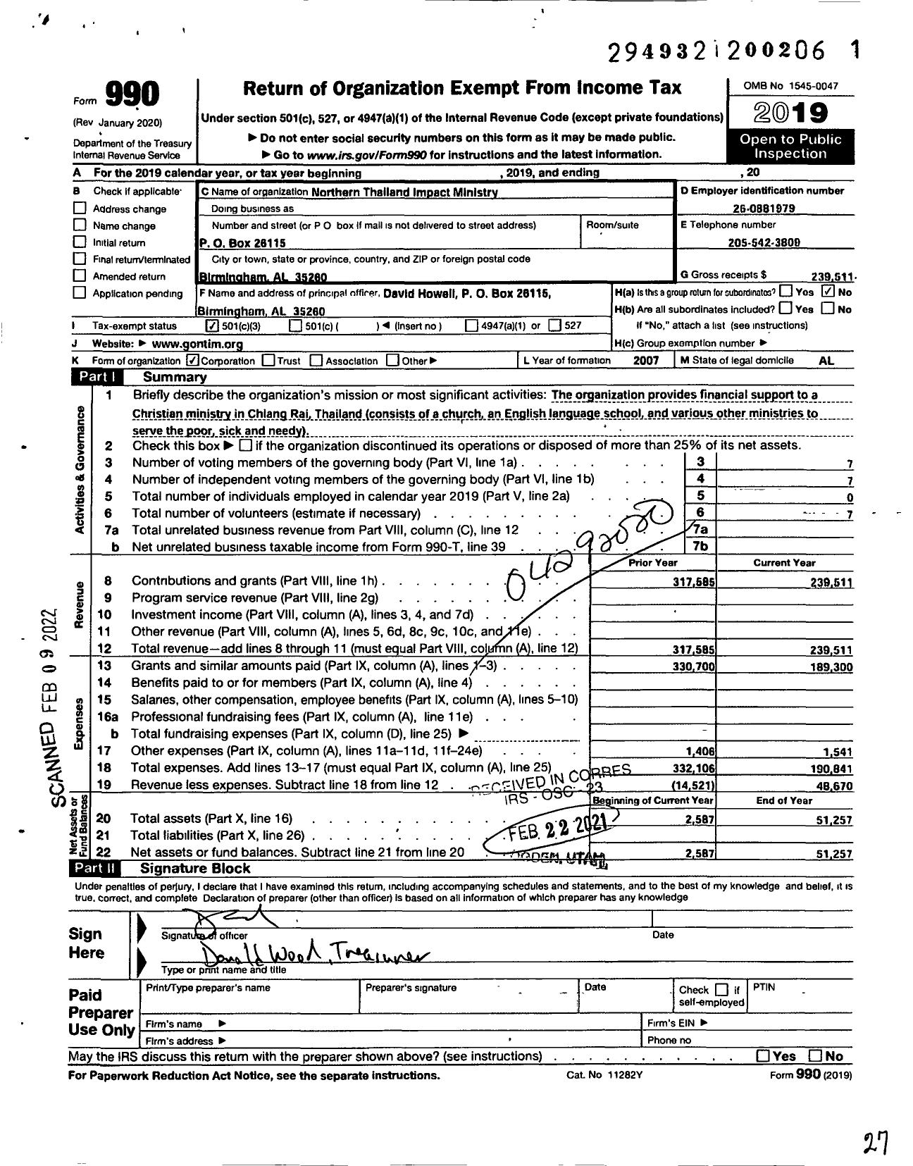 Image of first page of 2019 Form 990 for Northern Thailand Impact Ministry