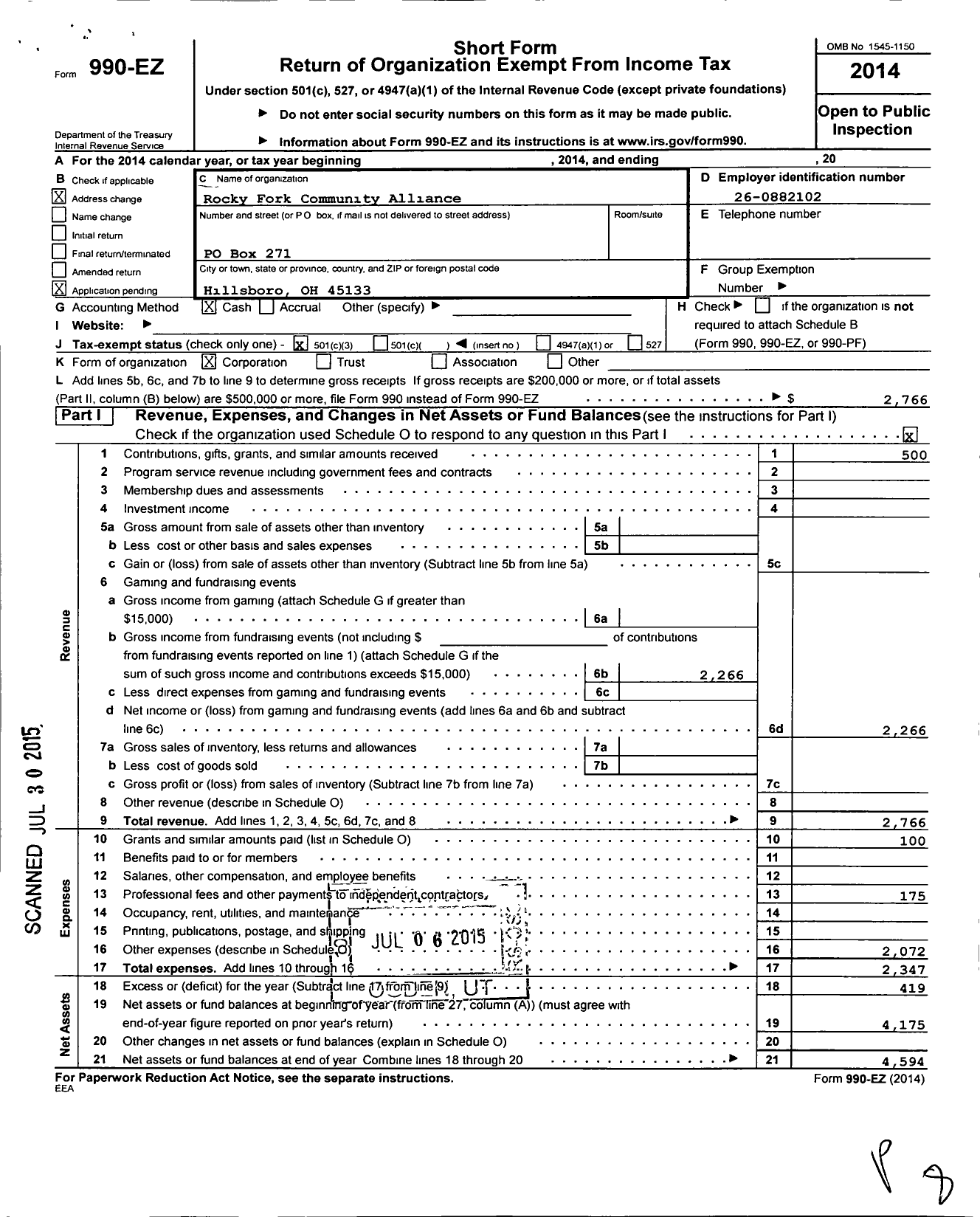 Image of first page of 2014 Form 990EZ for Rocky Fork Community Alliance