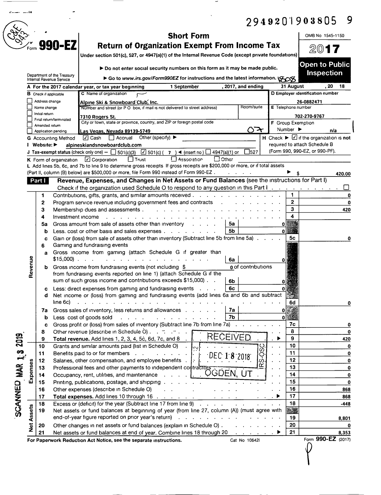 Image of first page of 2017 Form 990EO for Alpine Ski and & Snowboard Club