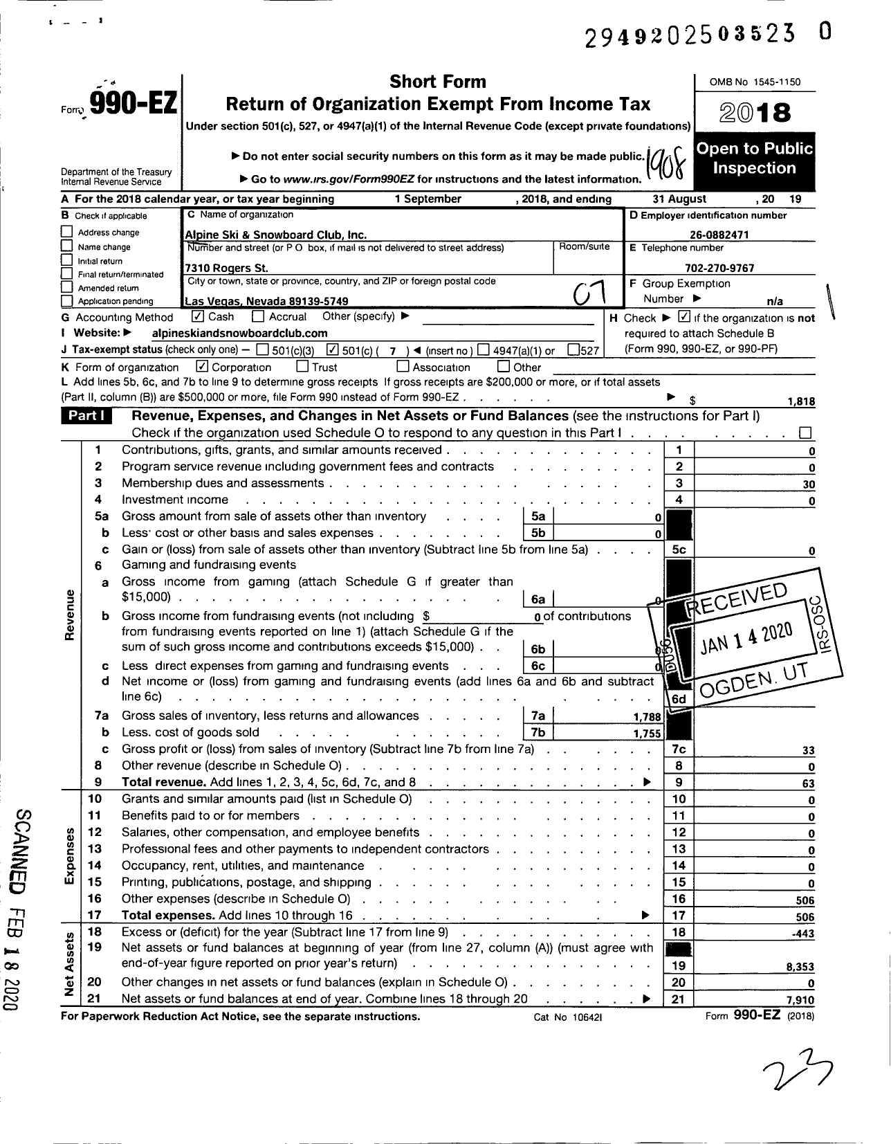 Image of first page of 2018 Form 990EO for Alpine Ski and & Snowboard Club