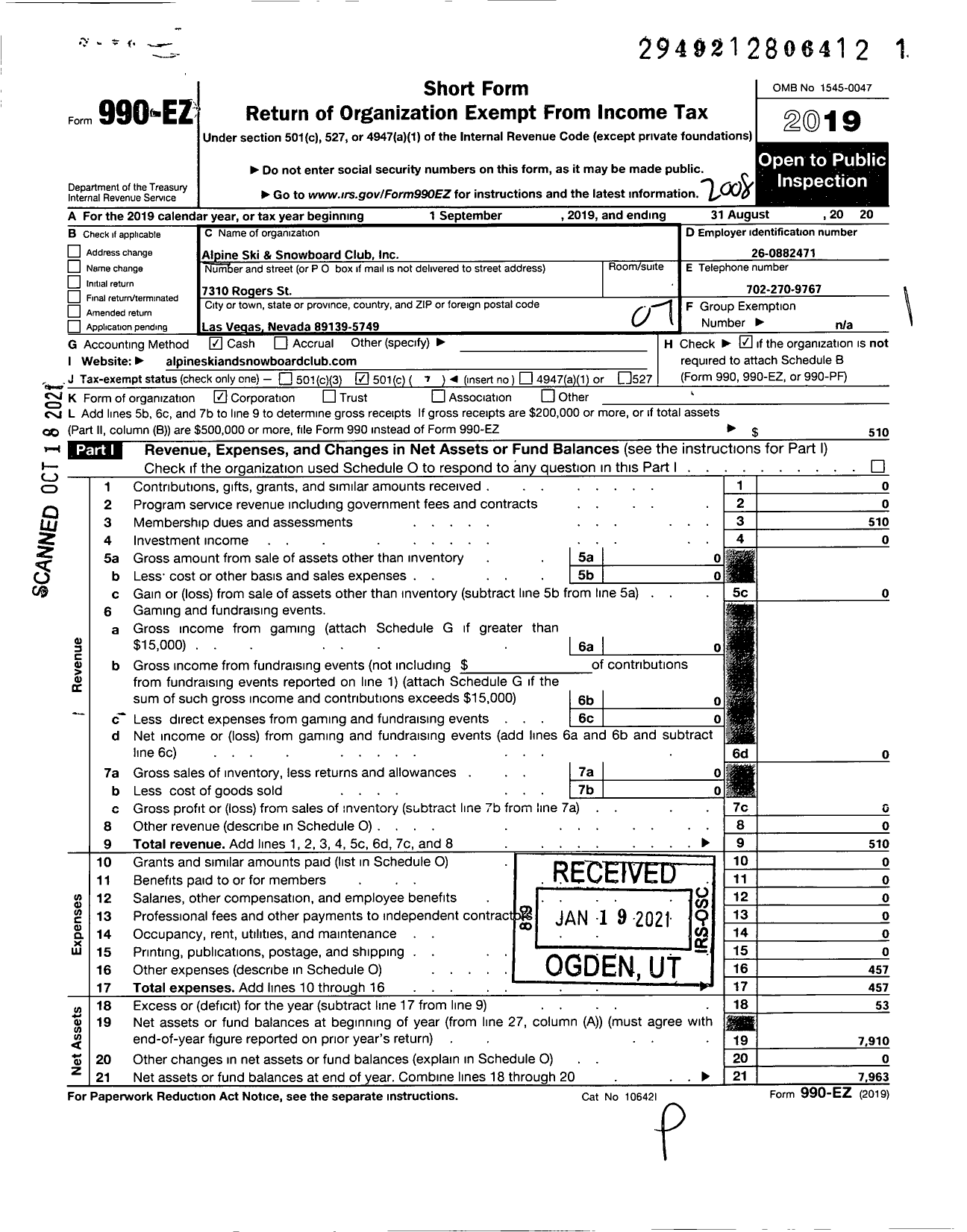 Image of first page of 2019 Form 990EO for Alpine Ski and & Snowboard Club