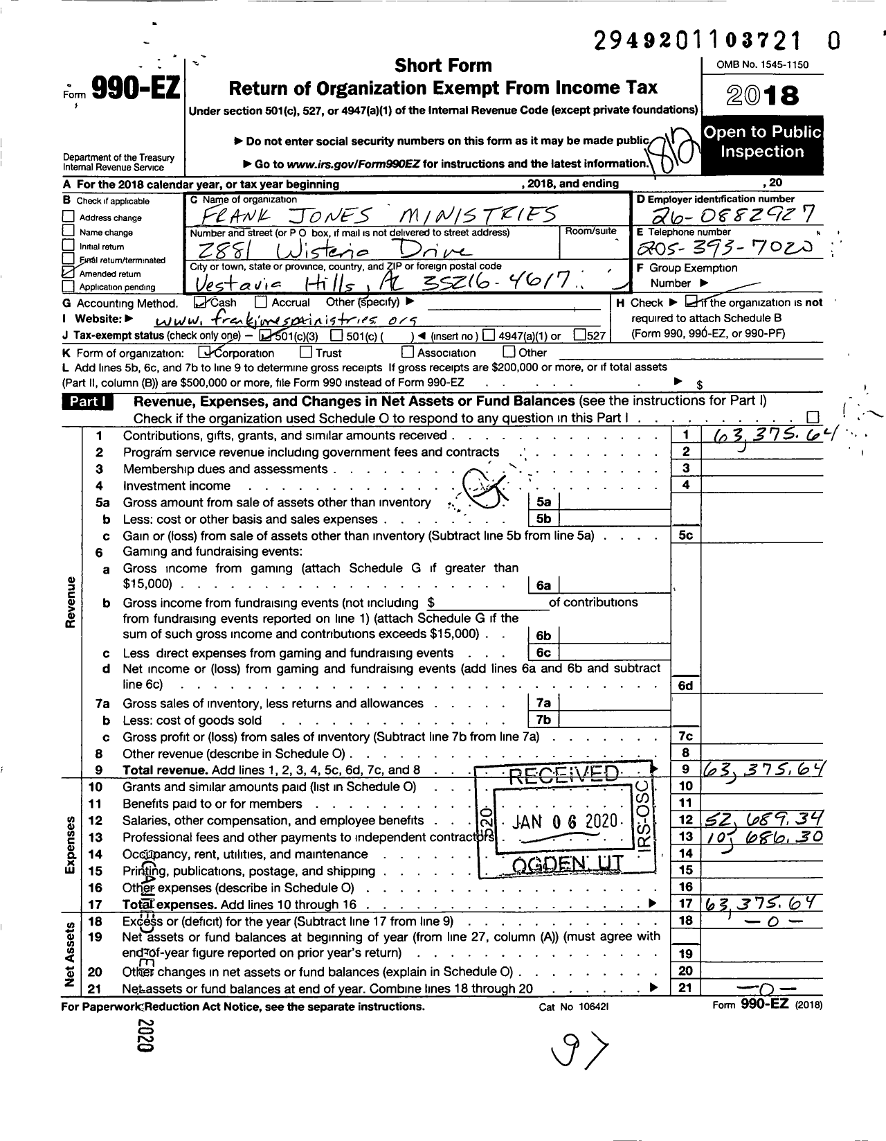 Image of first page of 2018 Form 990EZ for Frank Jones Ministries