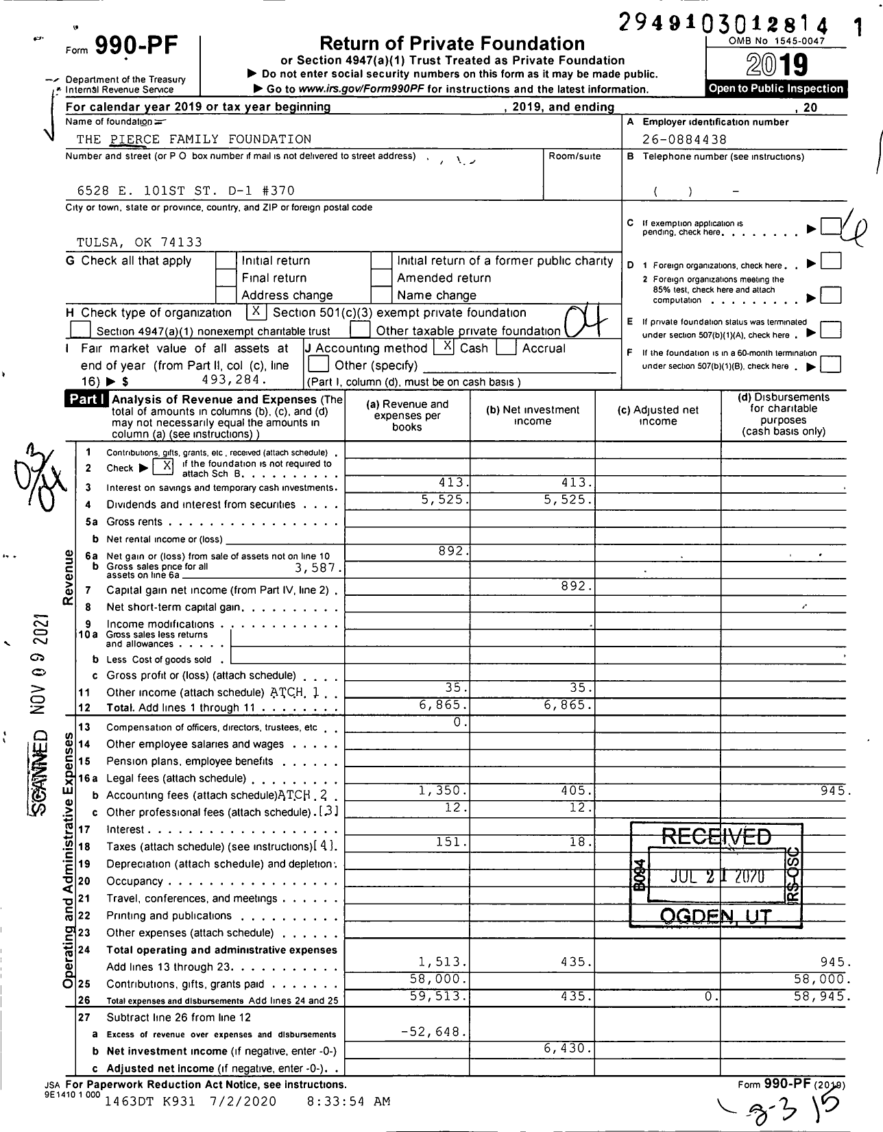 Image of first page of 2019 Form 990PF for The Pierce Family Foundation