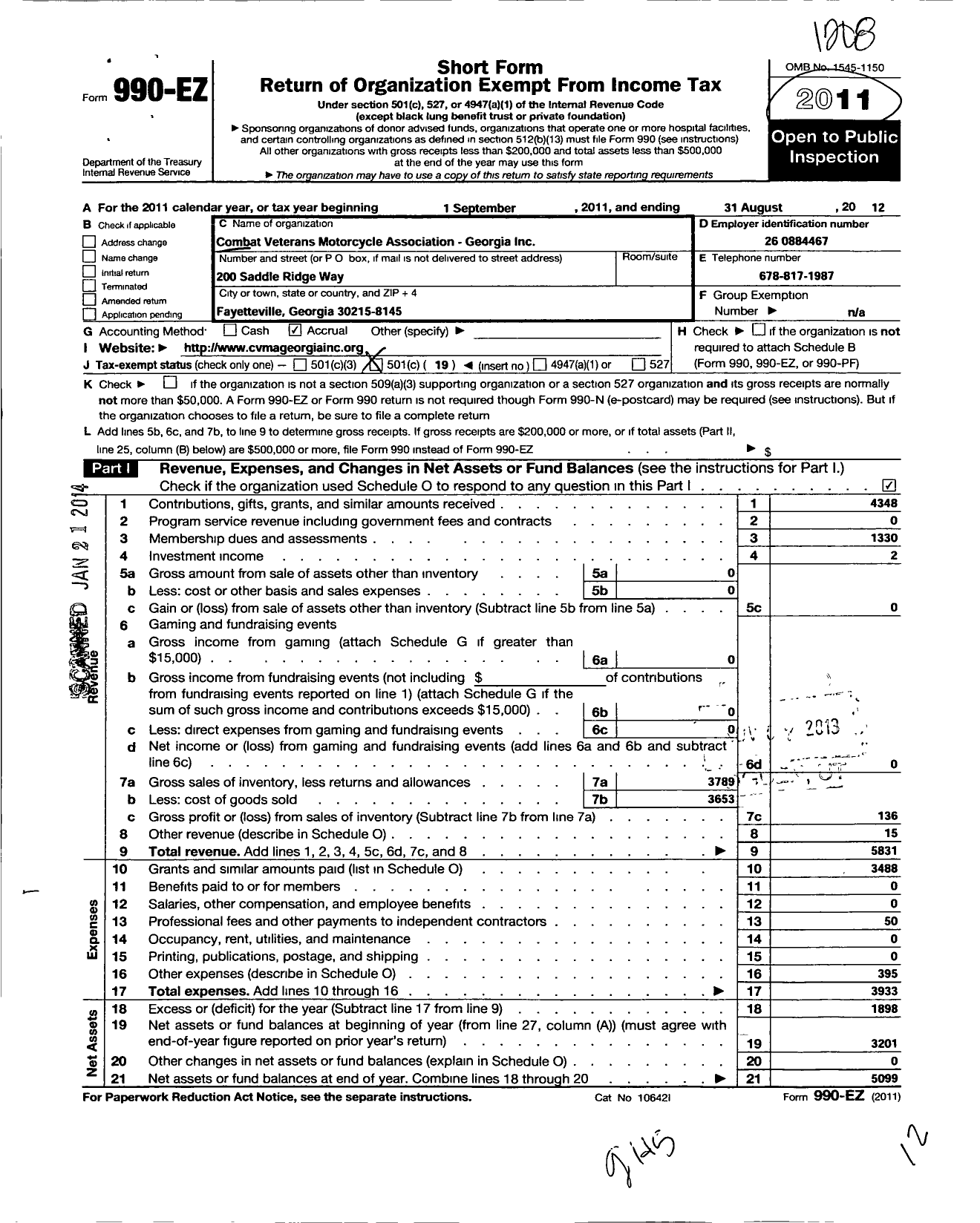 Image of first page of 2011 Form 990EO for Combat Veterans Motorcycle Association Georgia