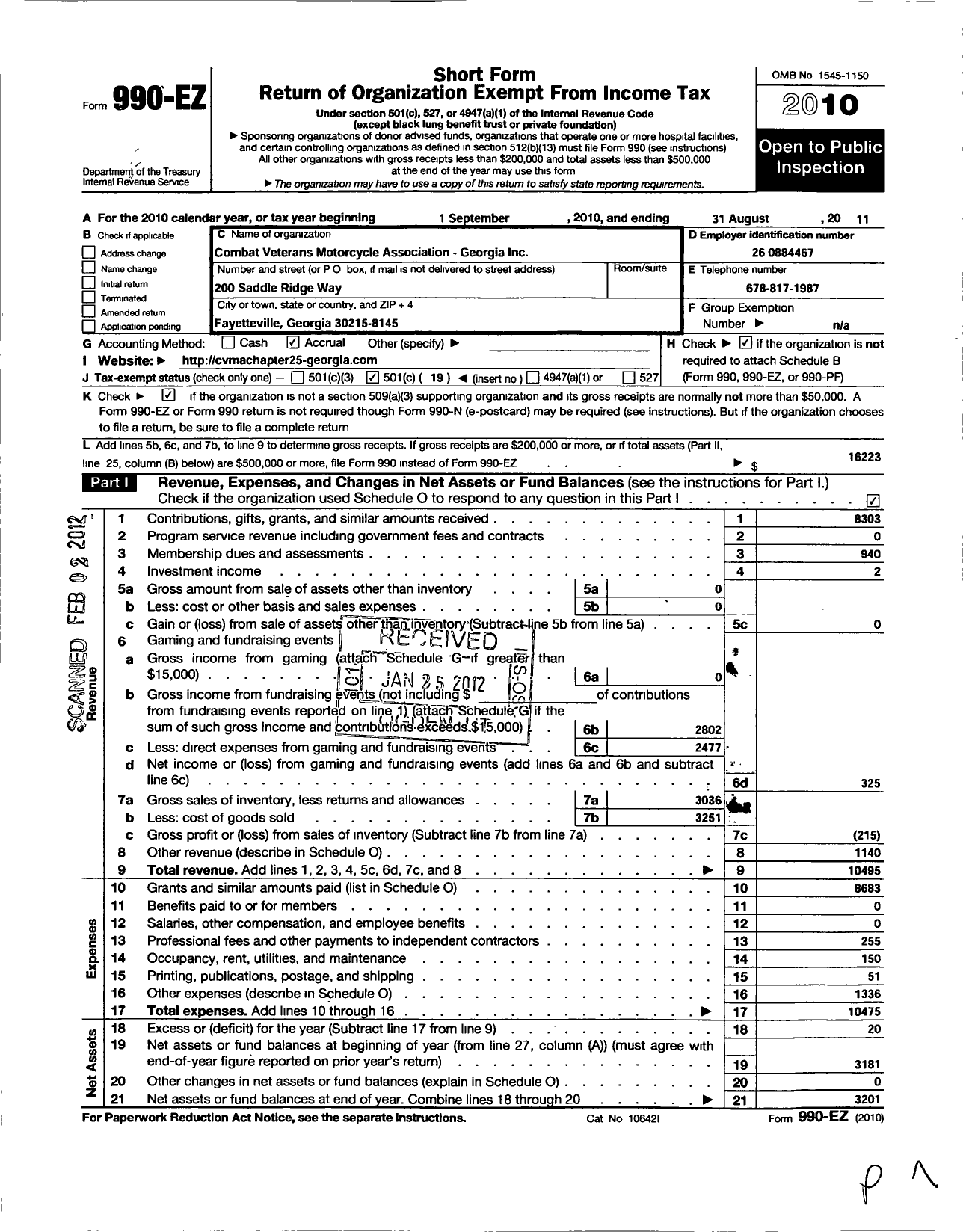 Image of first page of 2010 Form 990EO for Combat Veterans Motorcycle Association Georgia