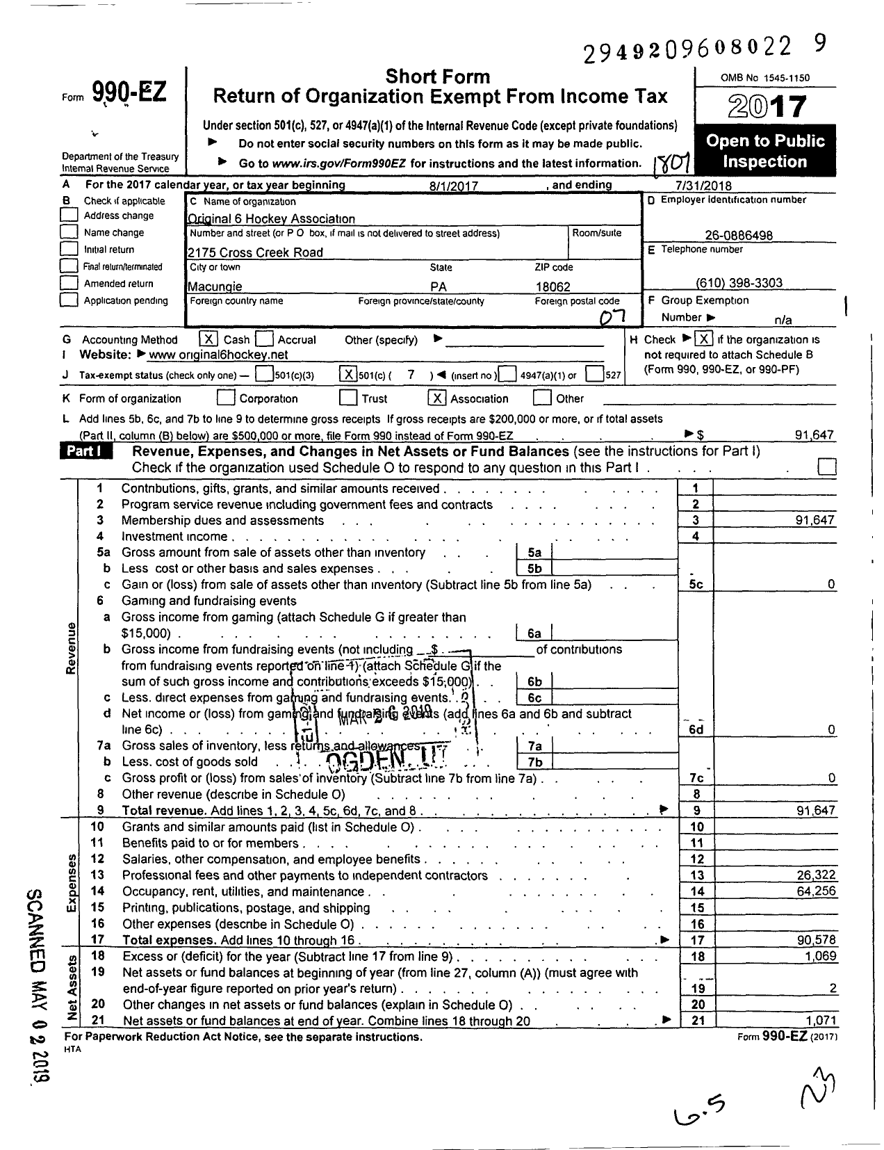 Image of first page of 2017 Form 990EO for Original 6 Hockey Association