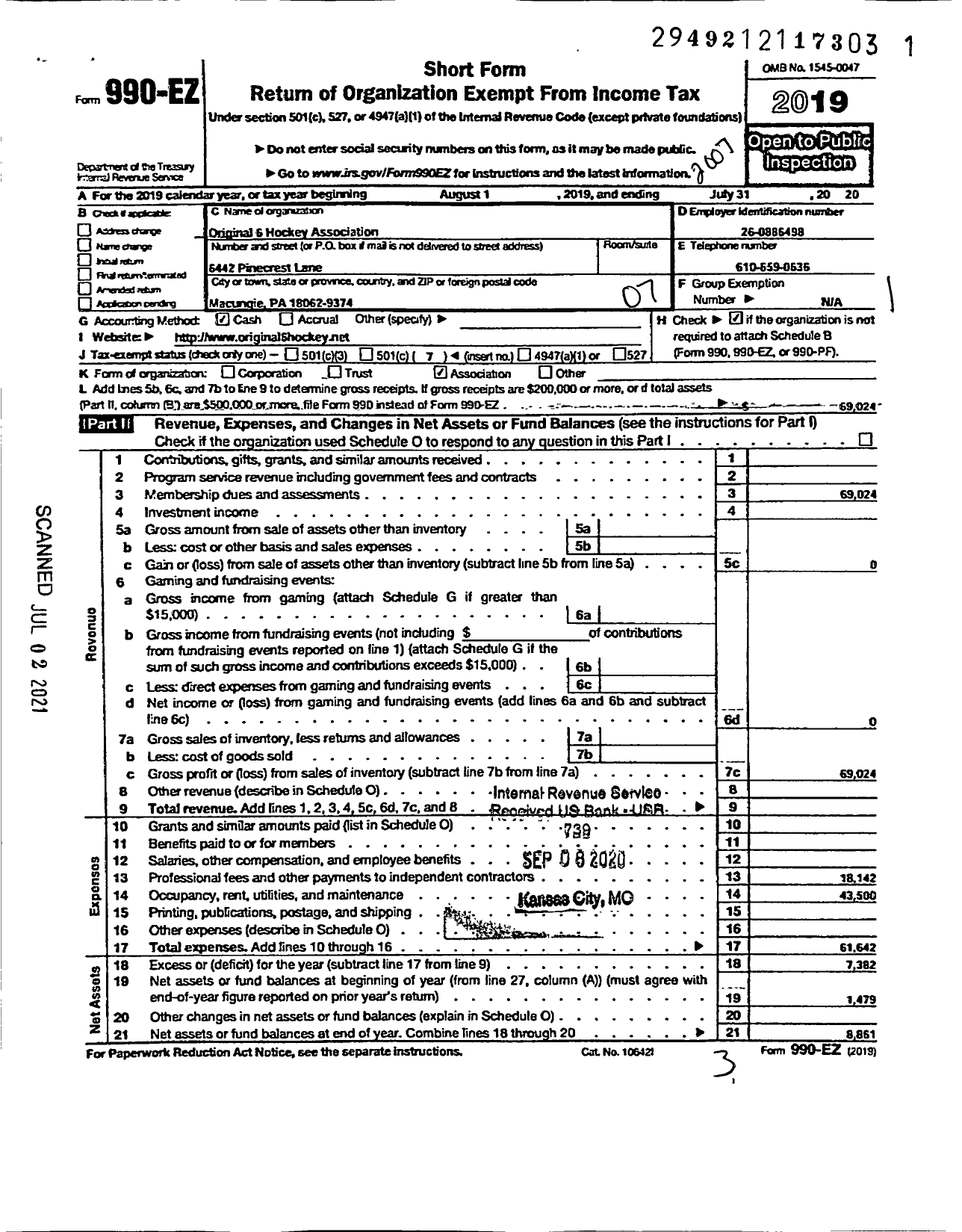 Image of first page of 2019 Form 990EO for Original 6 Hockey Association