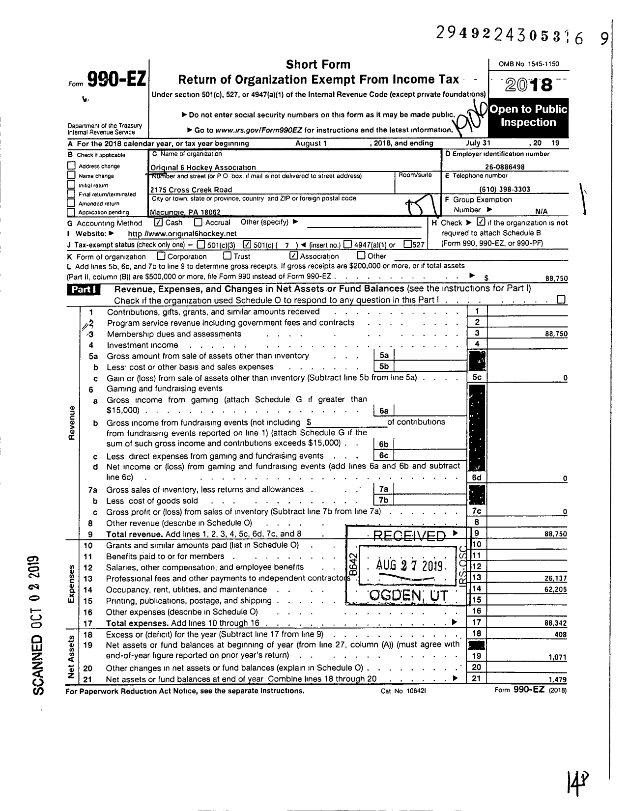 Image of first page of 2018 Form 990EO for Original 6 Hockey Association