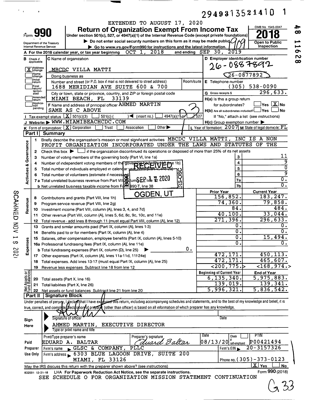 Image of first page of 2018 Form 990 for MBCDC Villa Matti