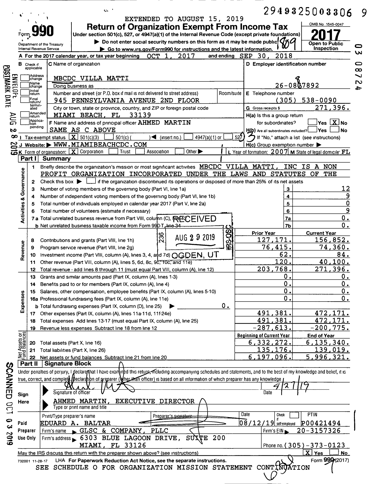 Image of first page of 2017 Form 990 for MBCDC Villa Matti