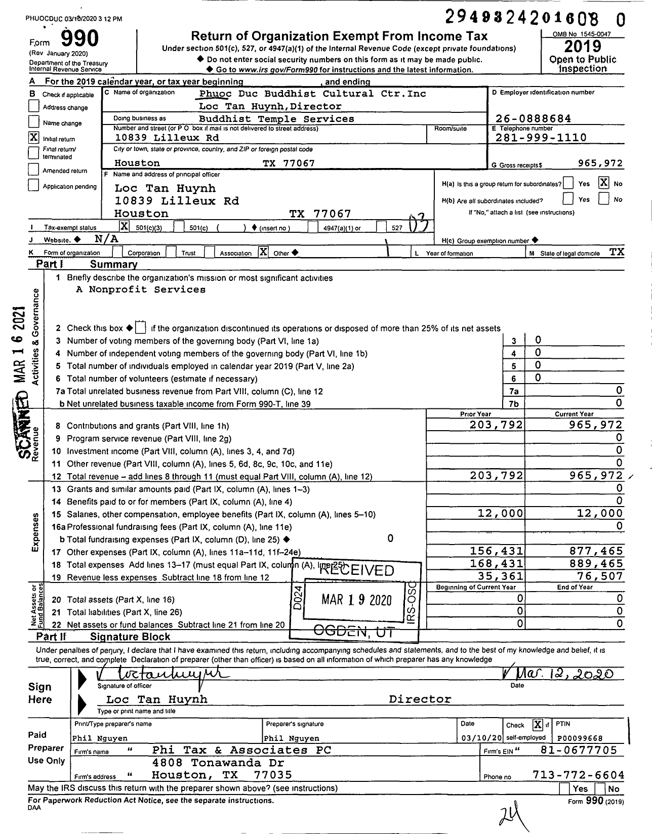 Image of first page of 2019 Form 990 for Phuoc Duc Buddhist Cultural Center