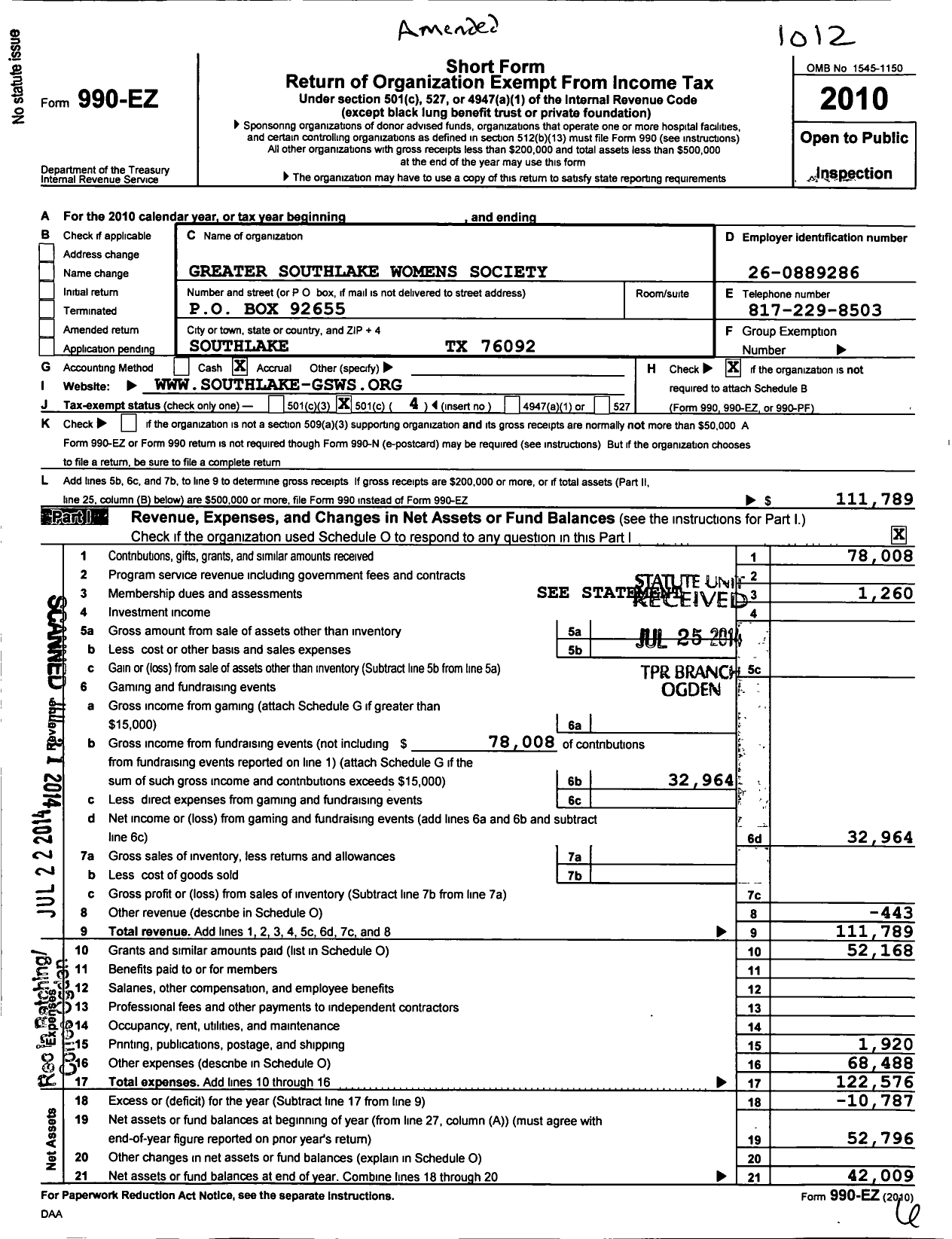 Image of first page of 2010 Form 990EO for Greater Southlake Womens Society