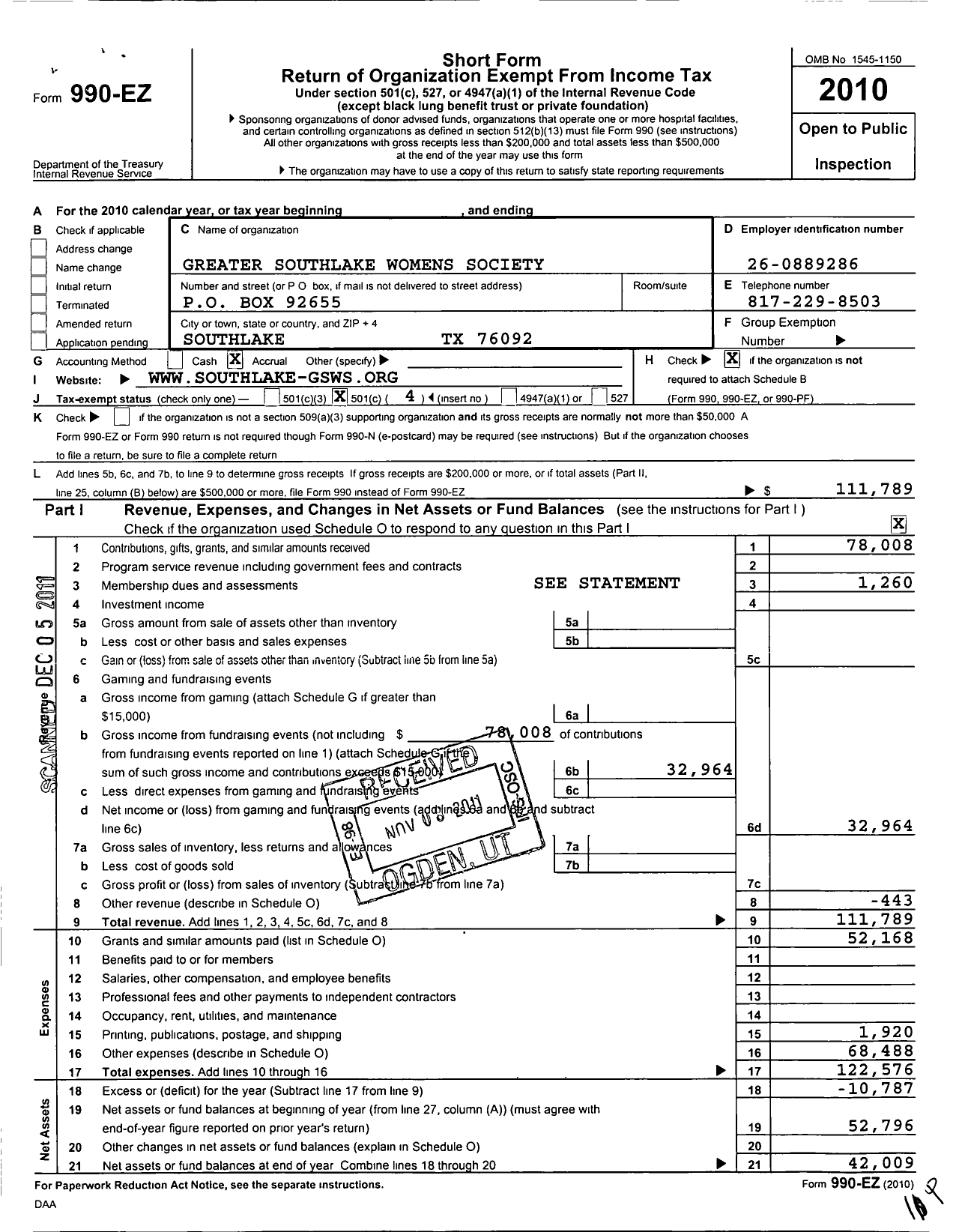 Image of first page of 2010 Form 990EO for Greater Southlake Womens Society