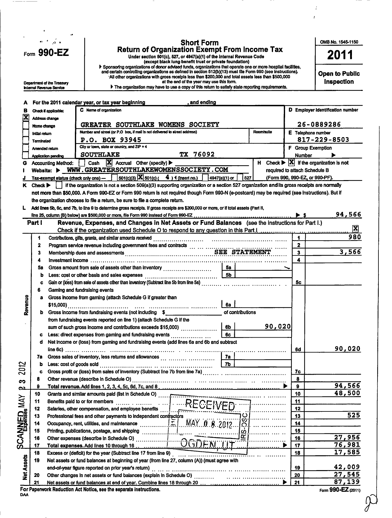 Image of first page of 2011 Form 990EO for Greater Southlake Womens Society