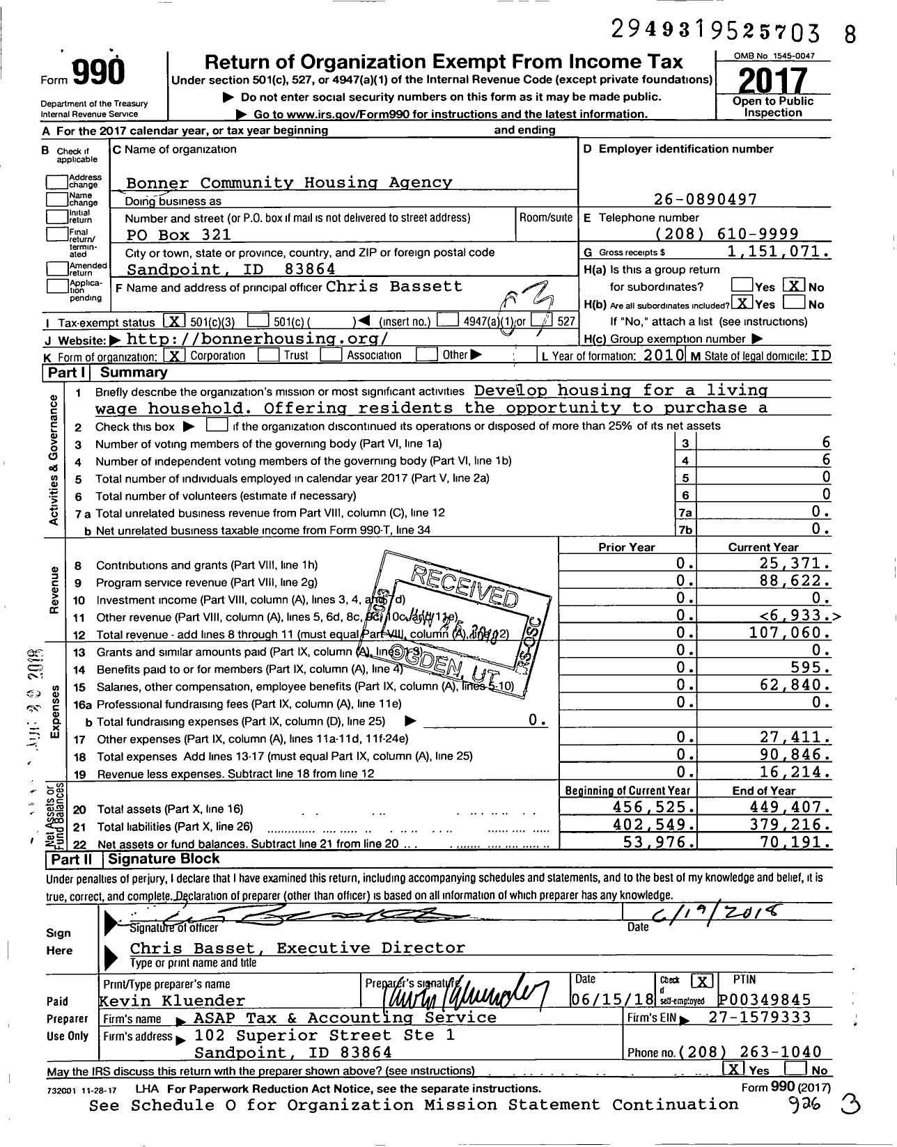 Image of first page of 2017 Form 990 for Bonner Community Housing Agency