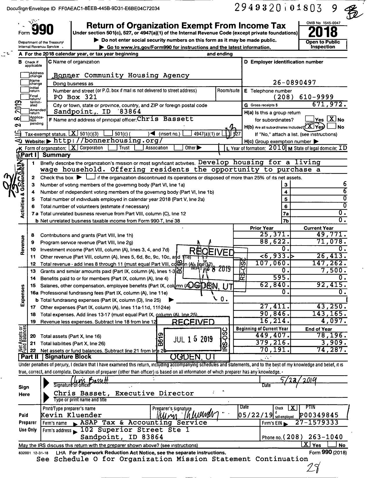 Image of first page of 2018 Form 990 for Bonner Community Housing Agency