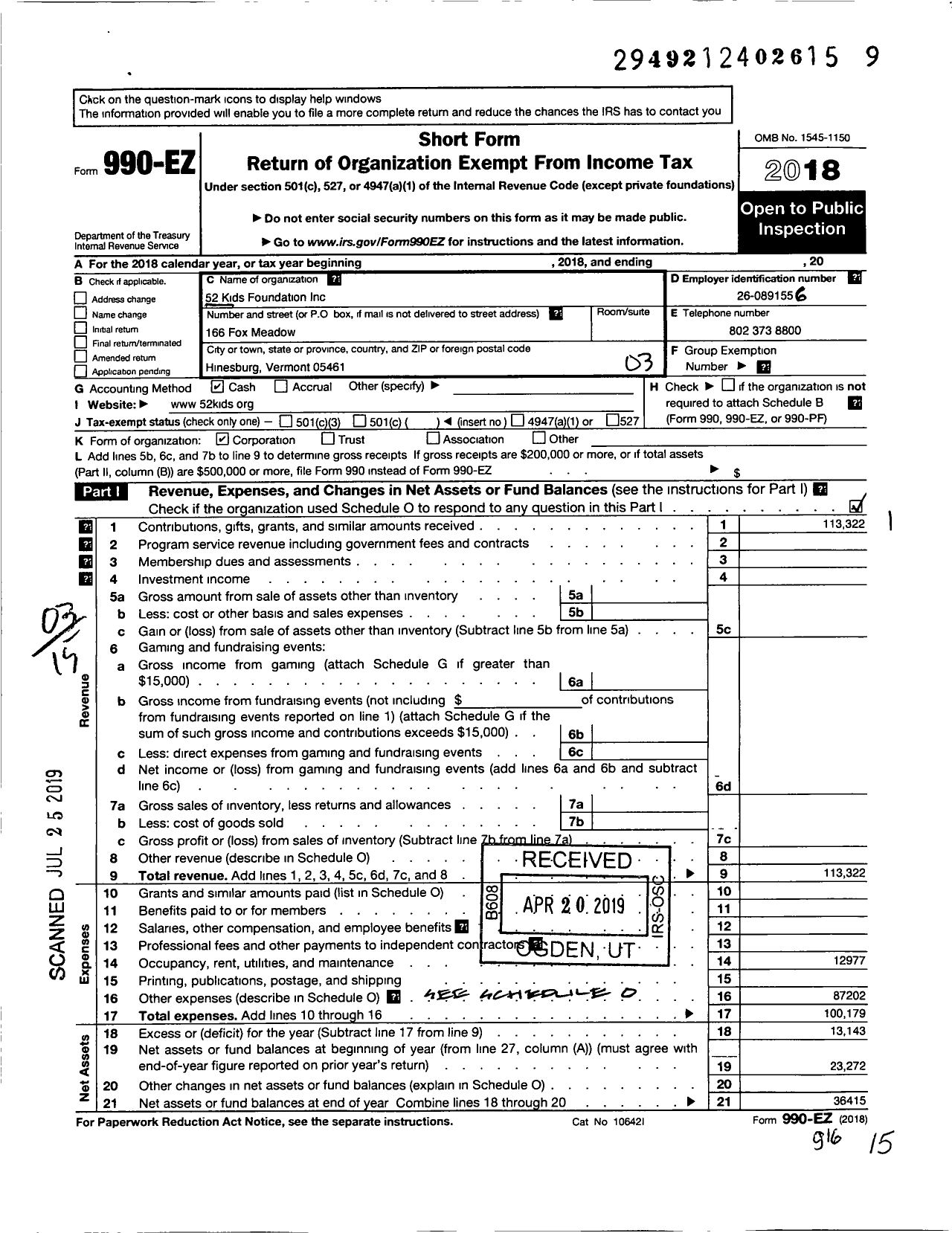 Image of first page of 2018 Form 990EZ for 52 Kids Foundation