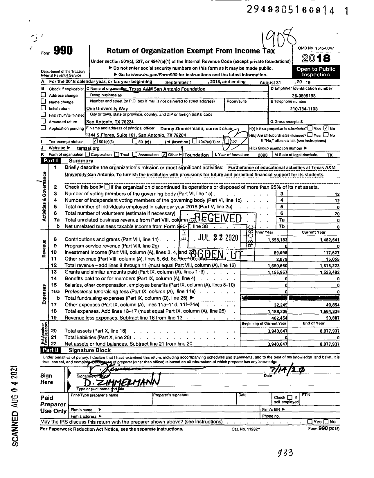 Image of first page of 2018 Form 990 for Texas A&M San Antonio Foundation