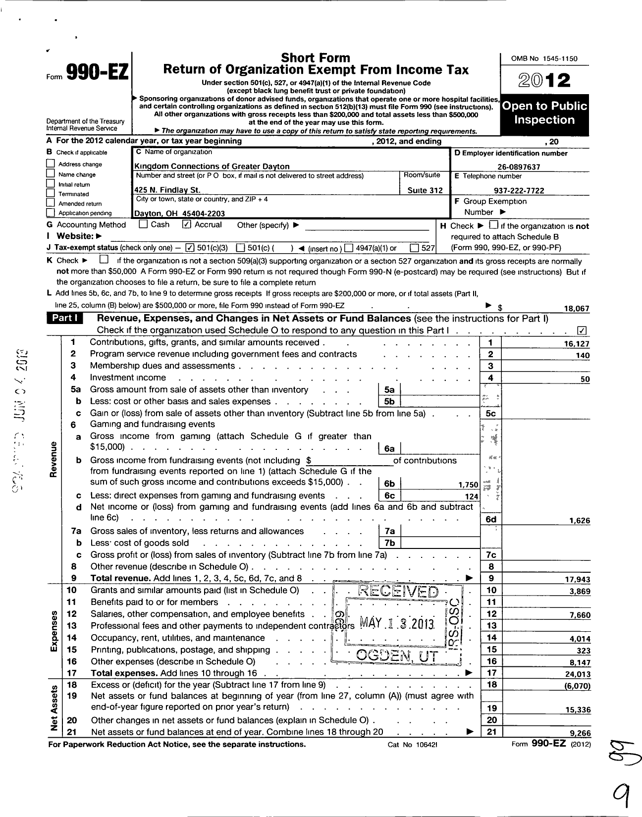 Image of first page of 2012 Form 990EZ for Kingdom Connections of Greater Dayton