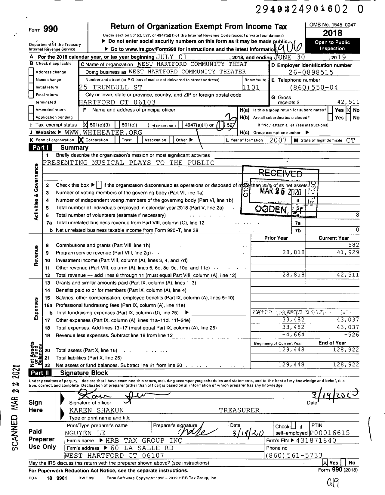 Image of first page of 2018 Form 990 for West Hartford Community Theater