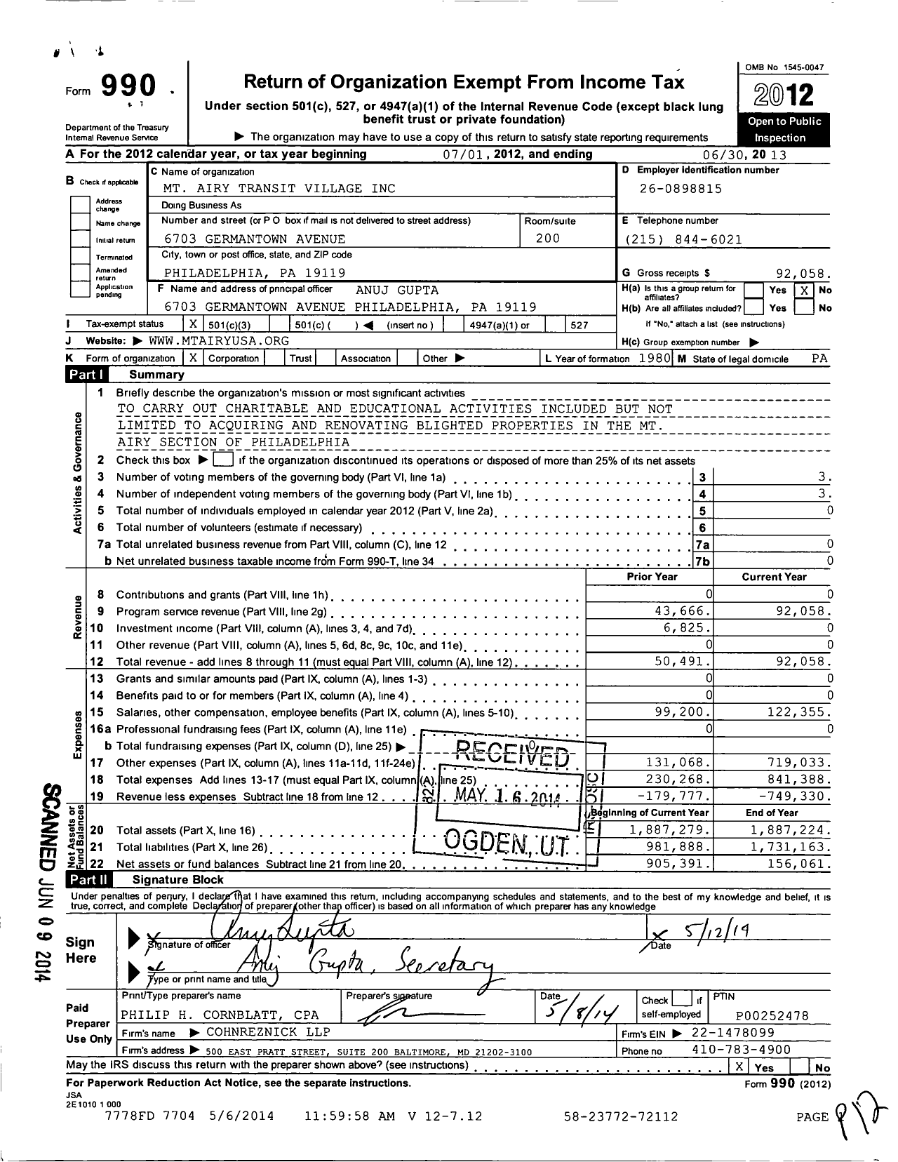 Image of first page of 2012 Form 990 for MT Airy Transit Village