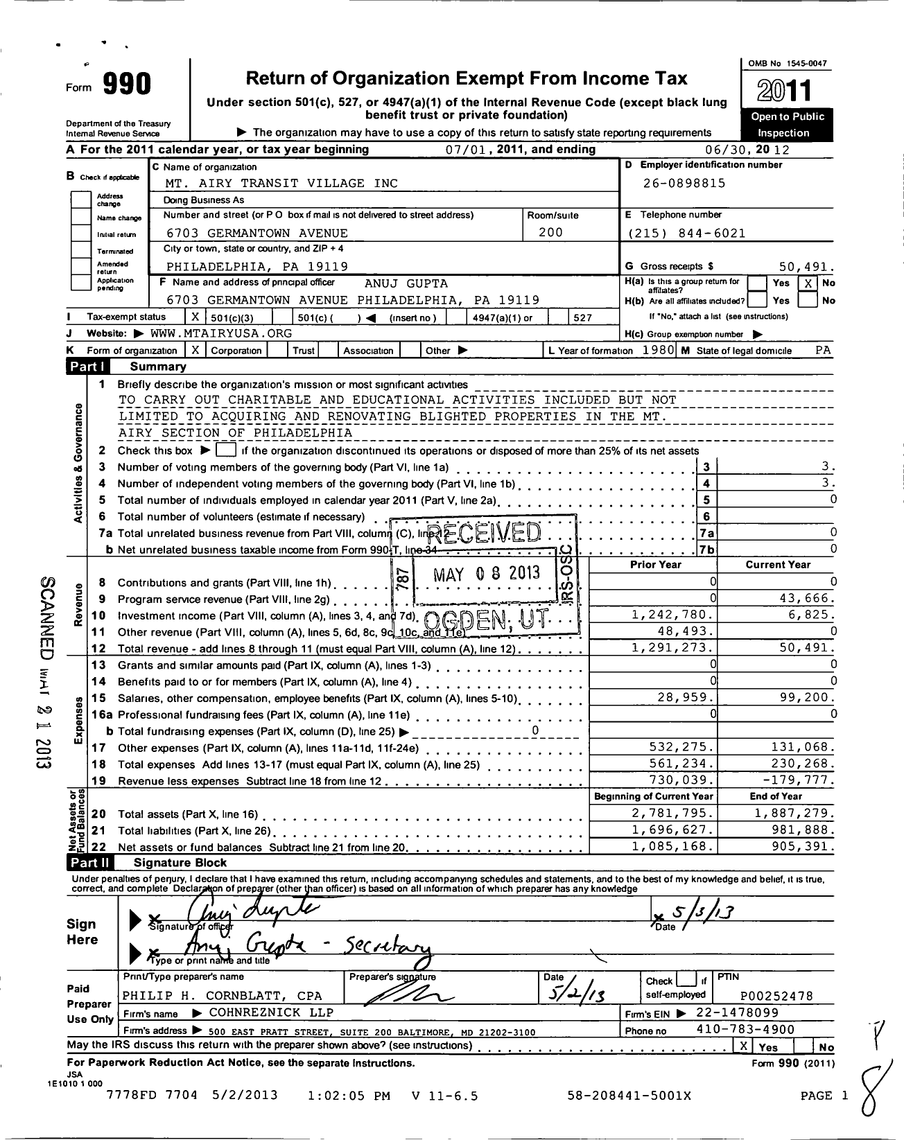 Image of first page of 2011 Form 990 for MT Airy Transit Village