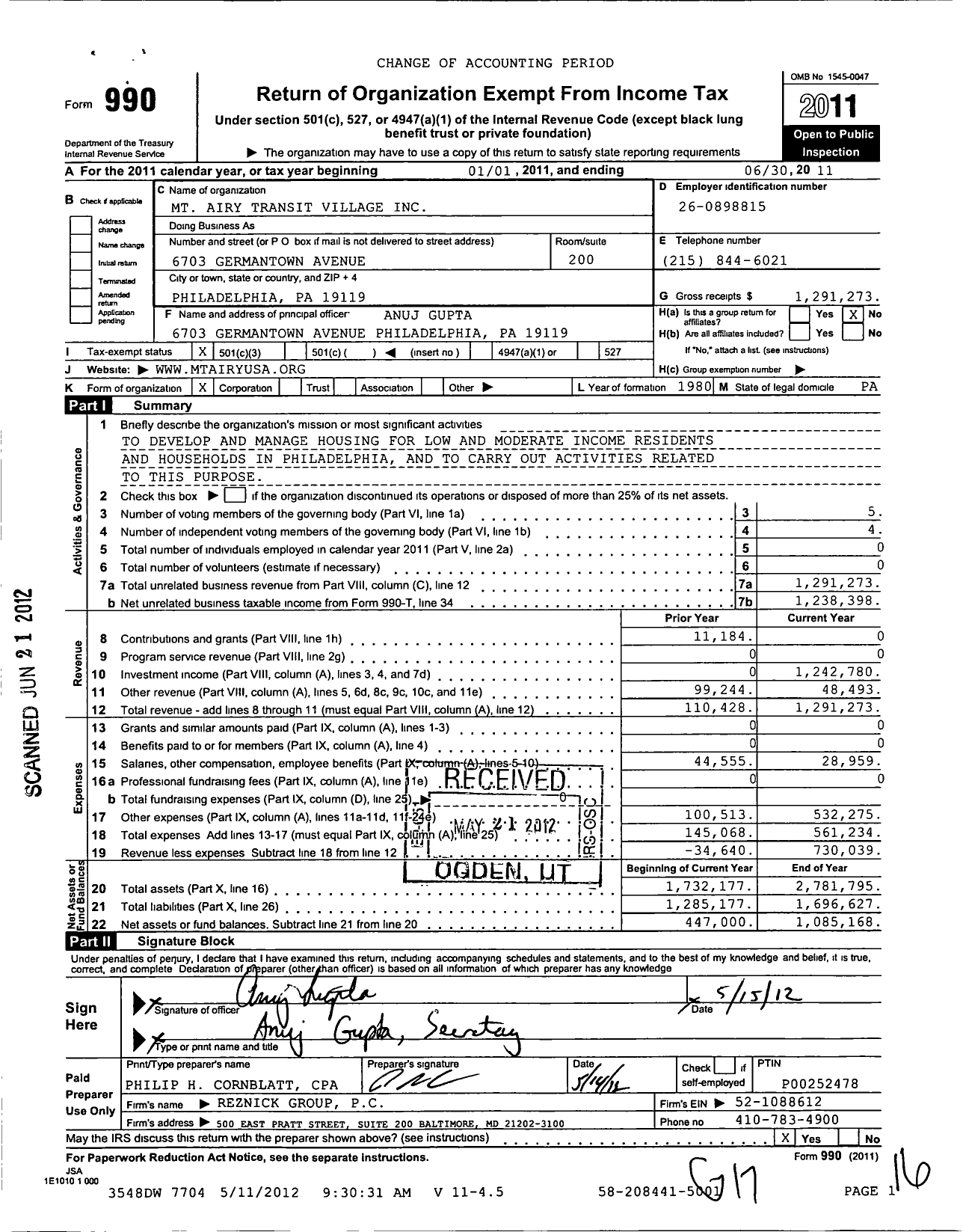 Image of first page of 2010 Form 990 for MT Airy Transit Village