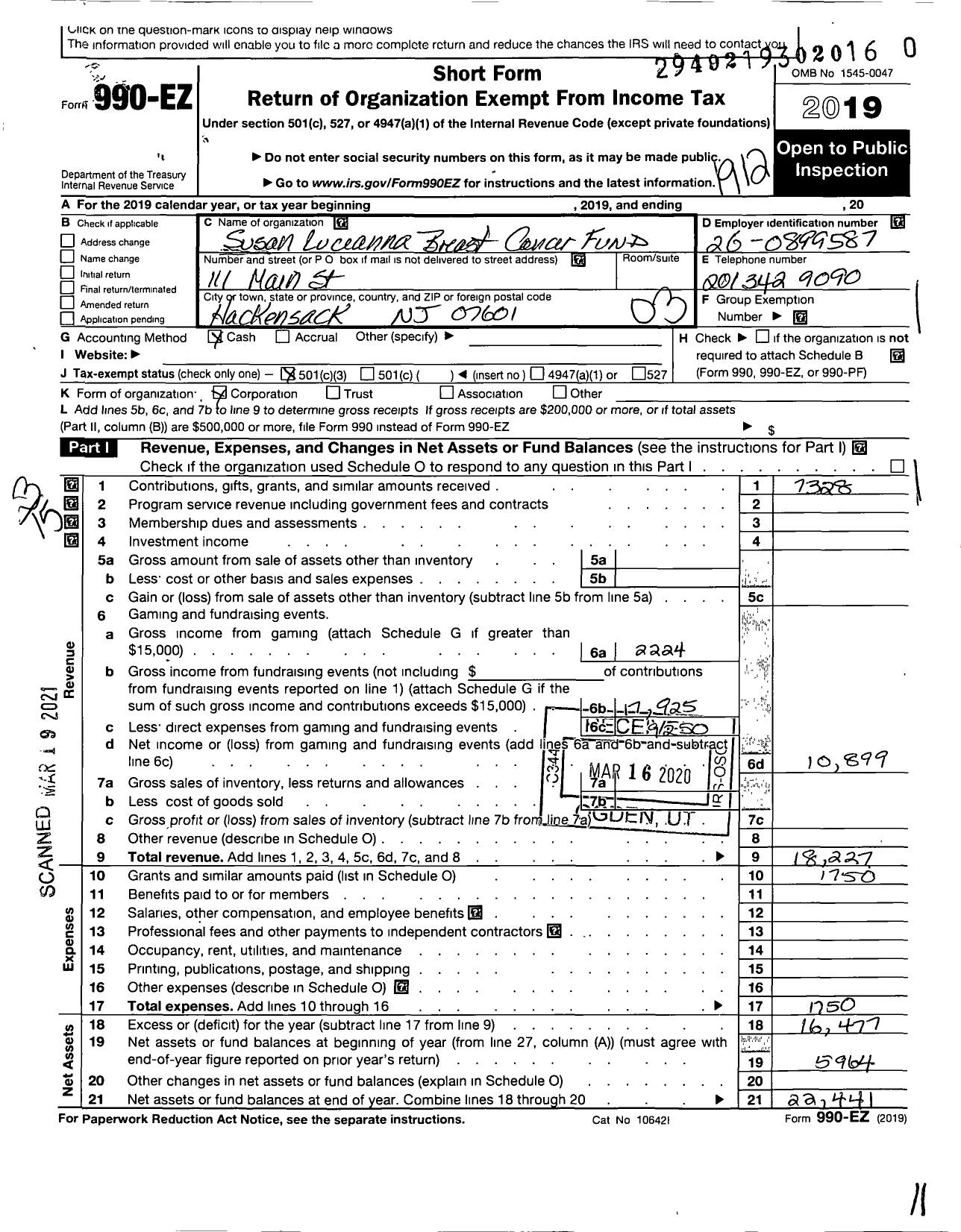 Image of first page of 2019 Form 990EZ for SUSAN LUCiANNA BREAST CANCER FUND