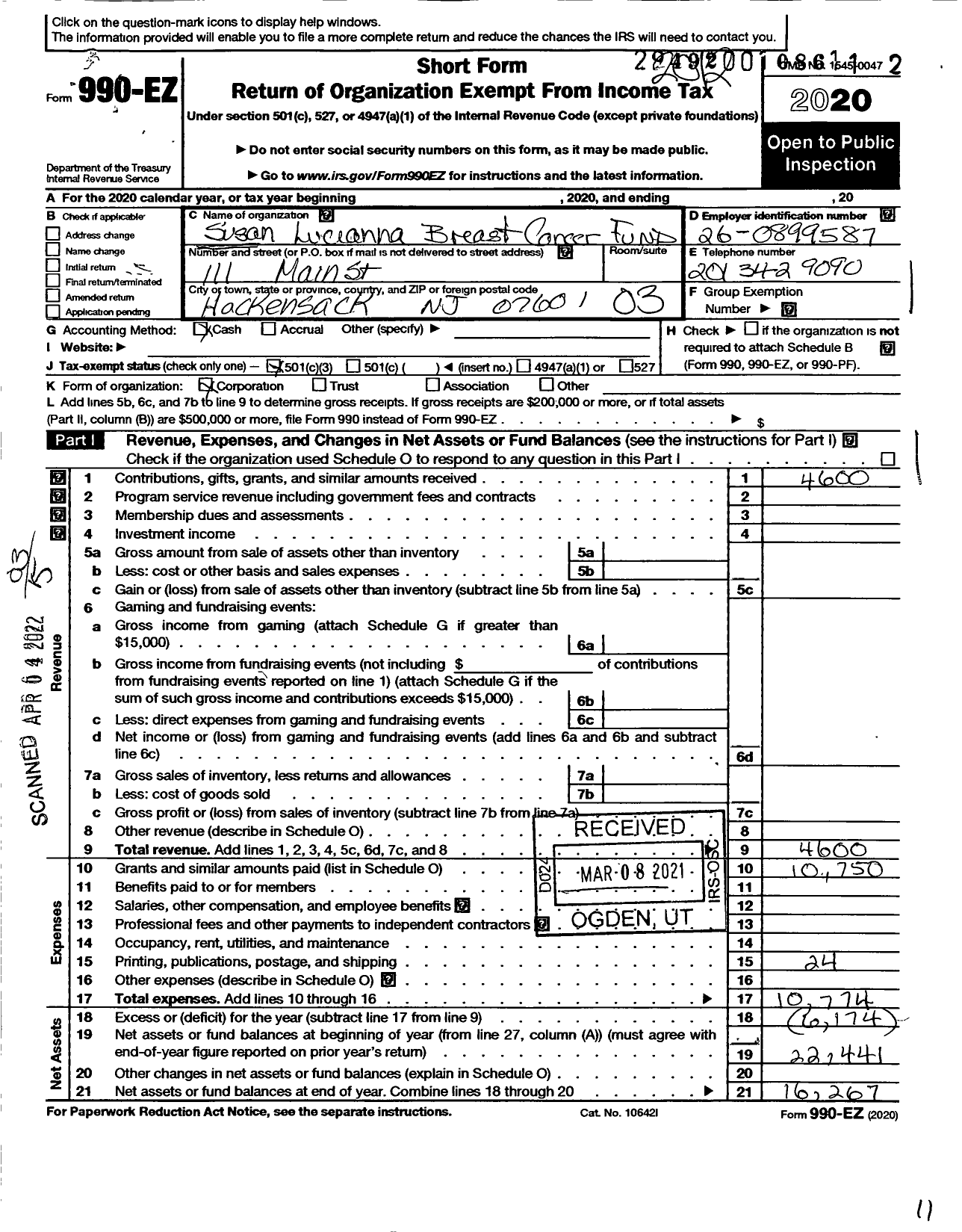 Image of first page of 2020 Form 990EZ for SUSAN LUCiANNA BREAST CANCER FUND