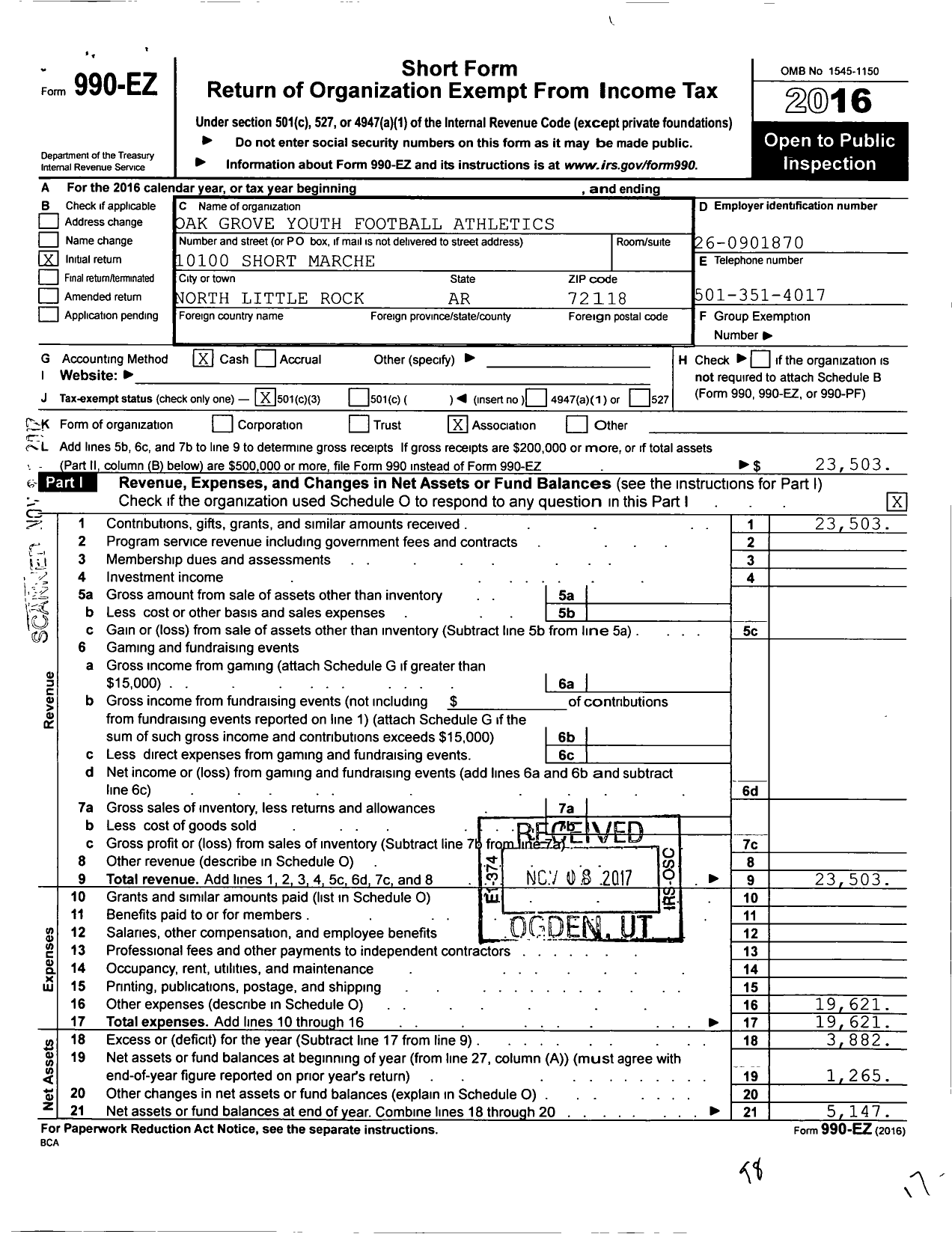 Image of first page of 2016 Form 990EZ for Oak Grove Youth Football Athletics