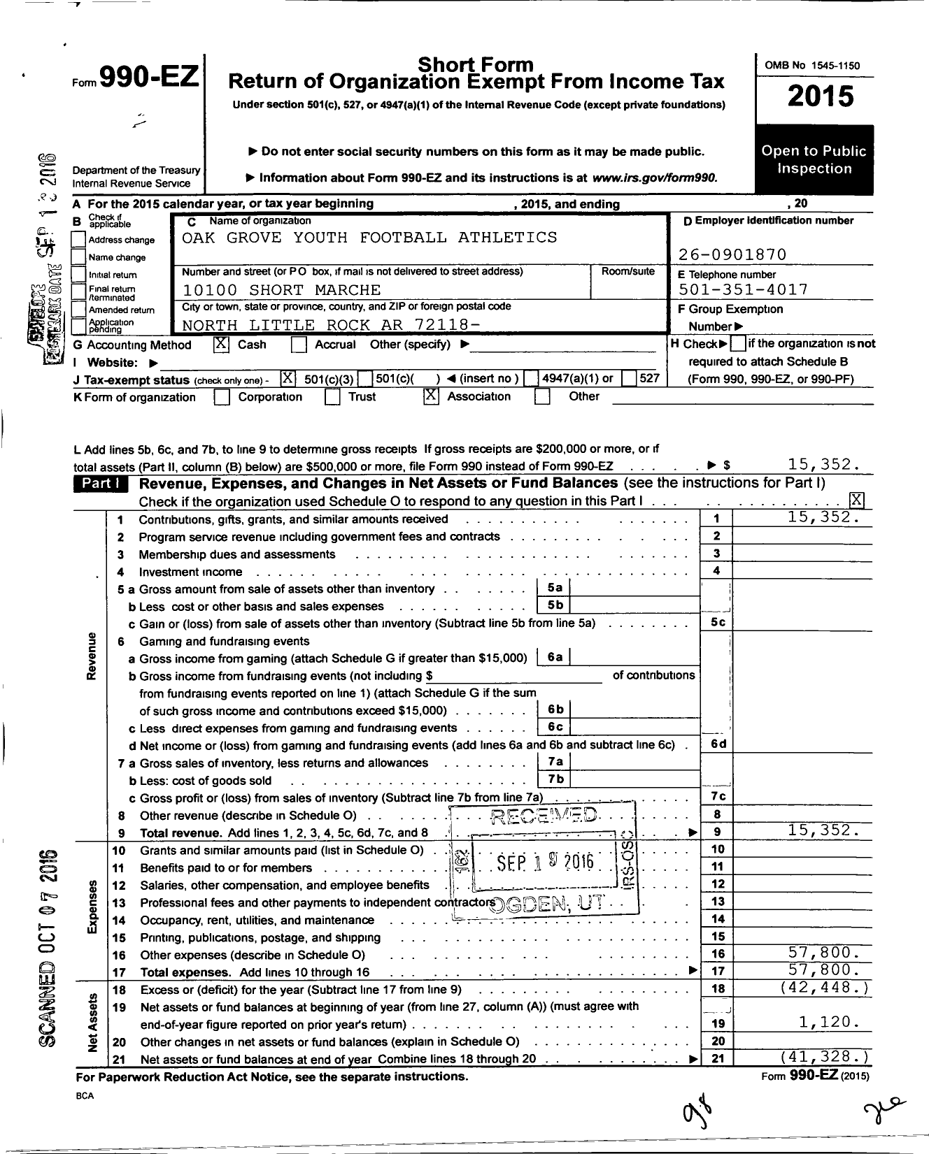 Image of first page of 2015 Form 990EZ for Oak Grove Youth Football Athletics