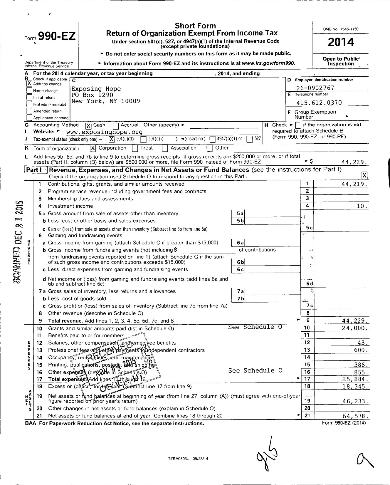 Image of first page of 2014 Form 990EZ for Exposing Hope