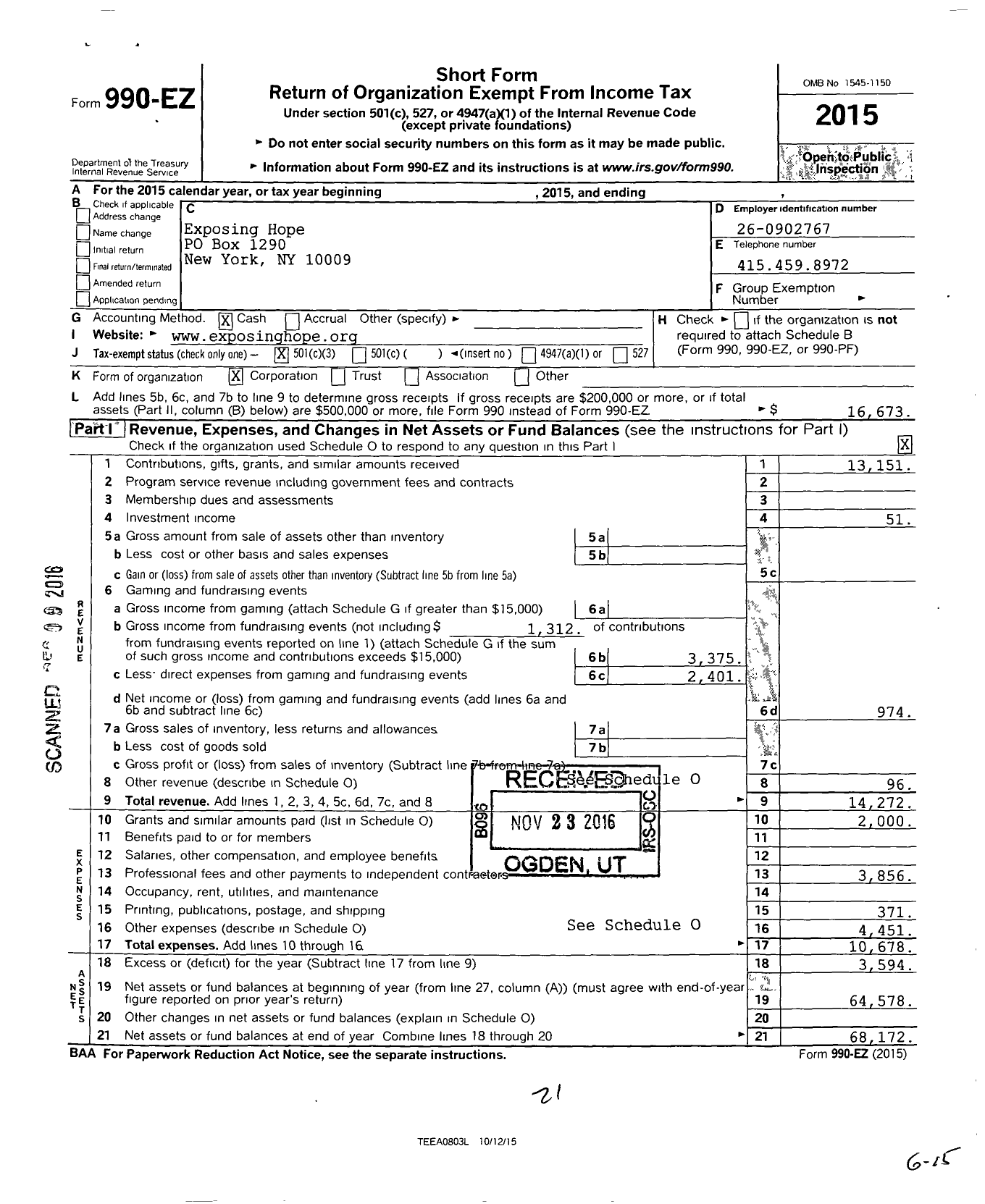 Image of first page of 2015 Form 990EZ for Exposing Hope