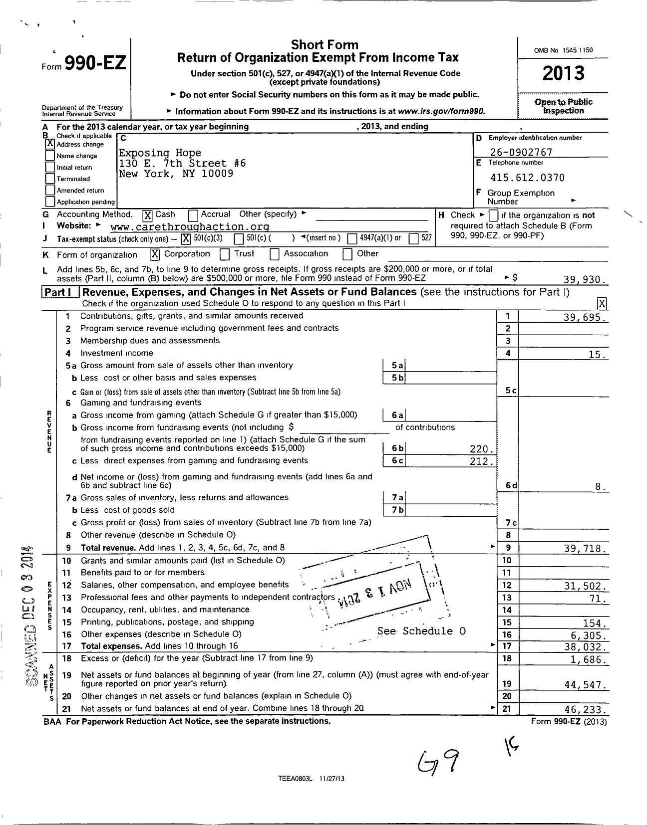 Image of first page of 2013 Form 990EZ for Exposing Hope