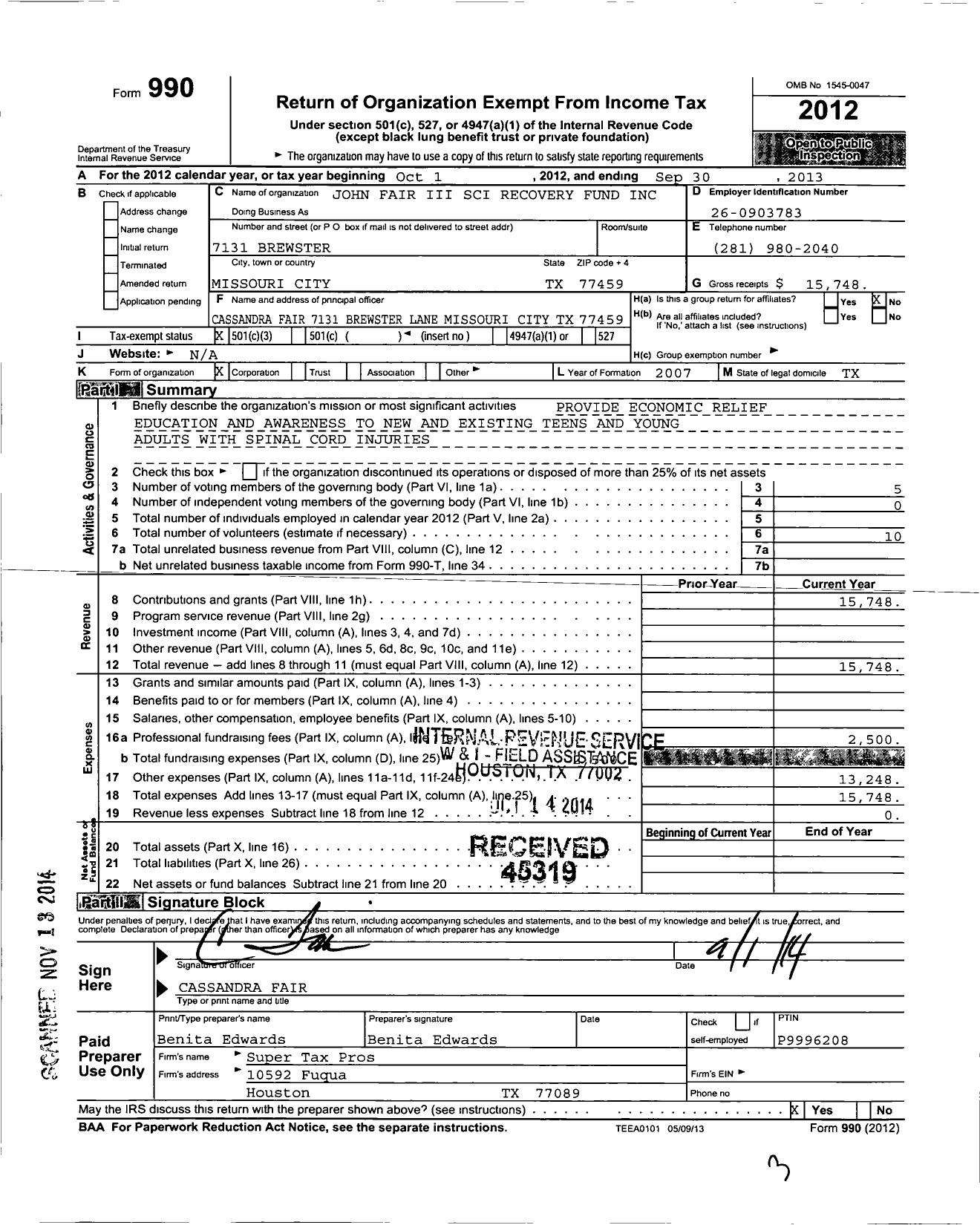 Image of first page of 2012 Form 990 for John Fair Iii Sci Recovery Fund