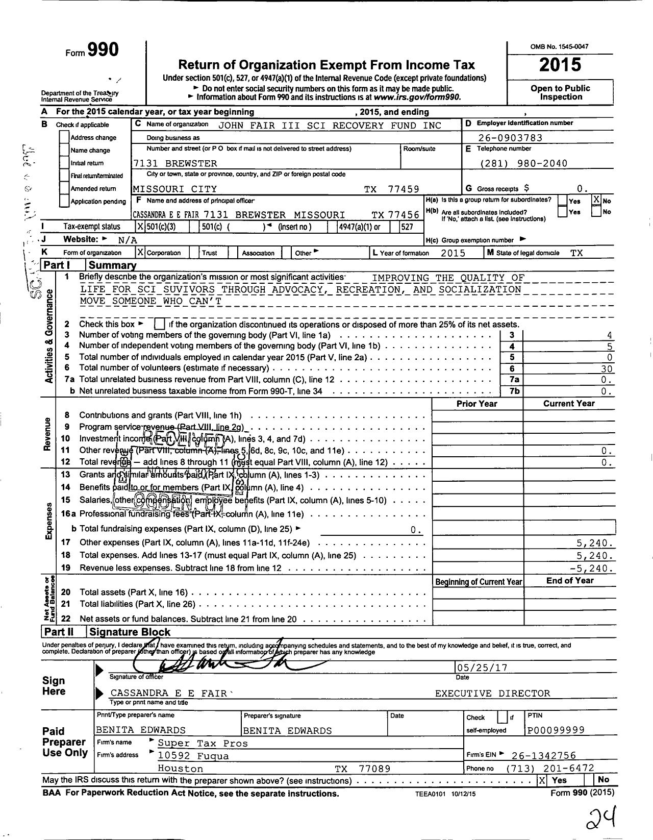 Image of first page of 2015 Form 990 for John Fair Iii Sci Recovery Fund
