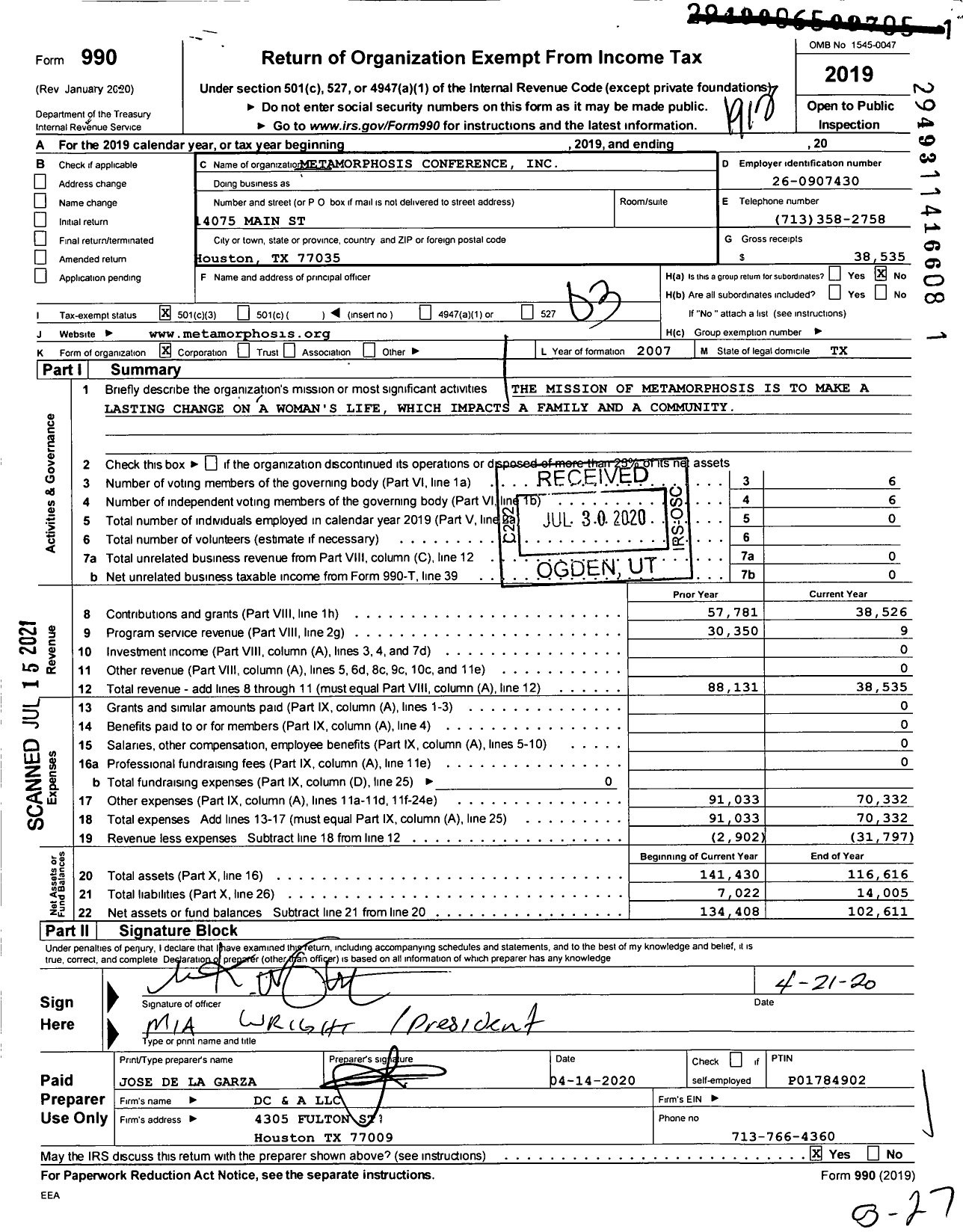 Image of first page of 2019 Form 990 for Metamorphosis Conference