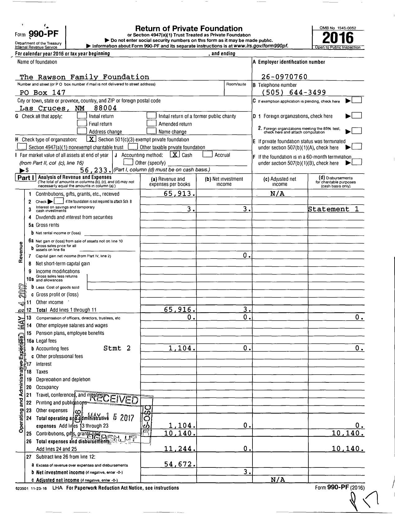 Image of first page of 2016 Form 990PF for The Rawson Family Foundation