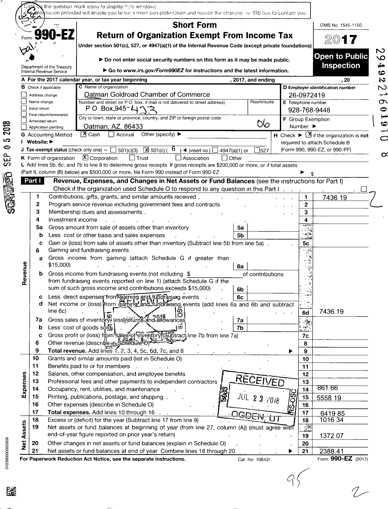 Image of first page of 2017 Form 990EO for Oatman-Gold Road Chamber of Commerce