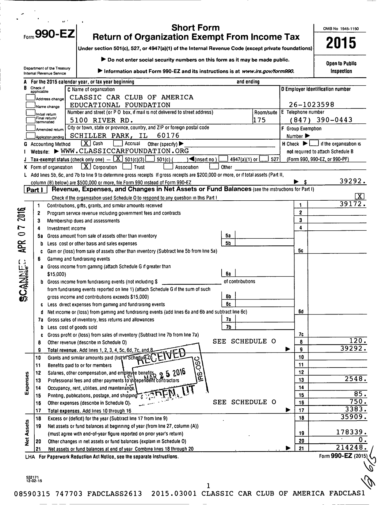 Image of first page of 2015 Form 990EZ for Classic Car Club of America Educational Foundation