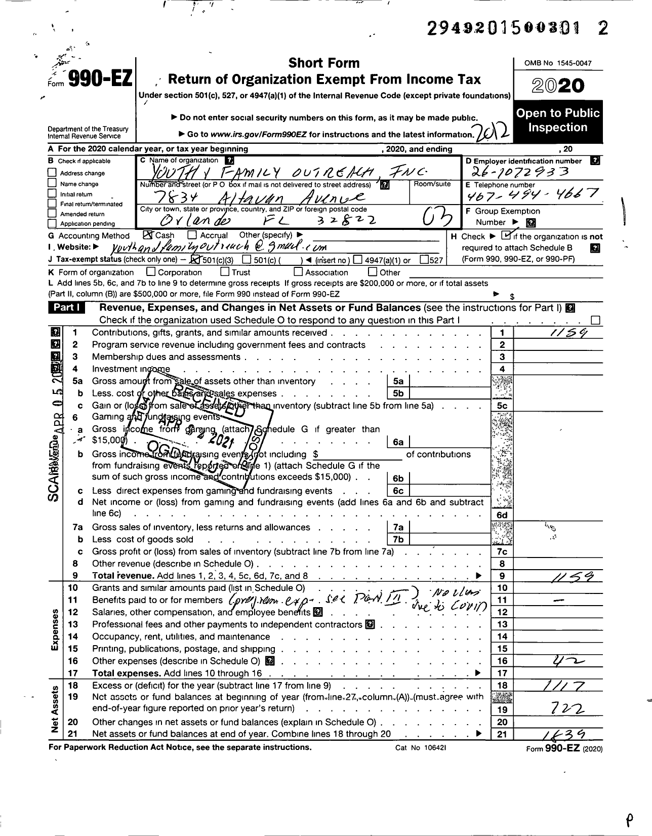 Image of first page of 2020 Form 990EZ for Youth and Family Outreach