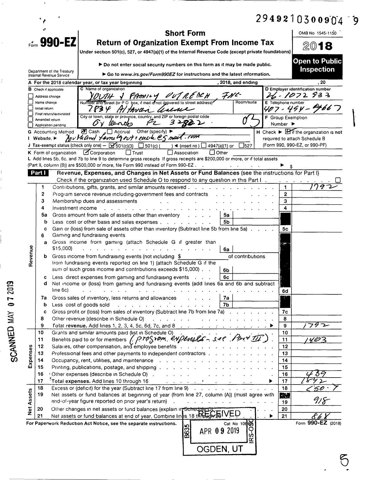 Image of first page of 2018 Form 990EZ for Youth and Family Outreach