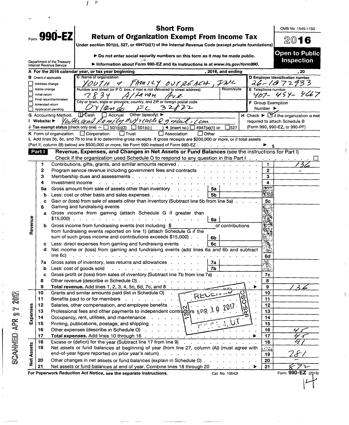 Image of first page of 2016 Form 990EO for Youth and Family Outreach