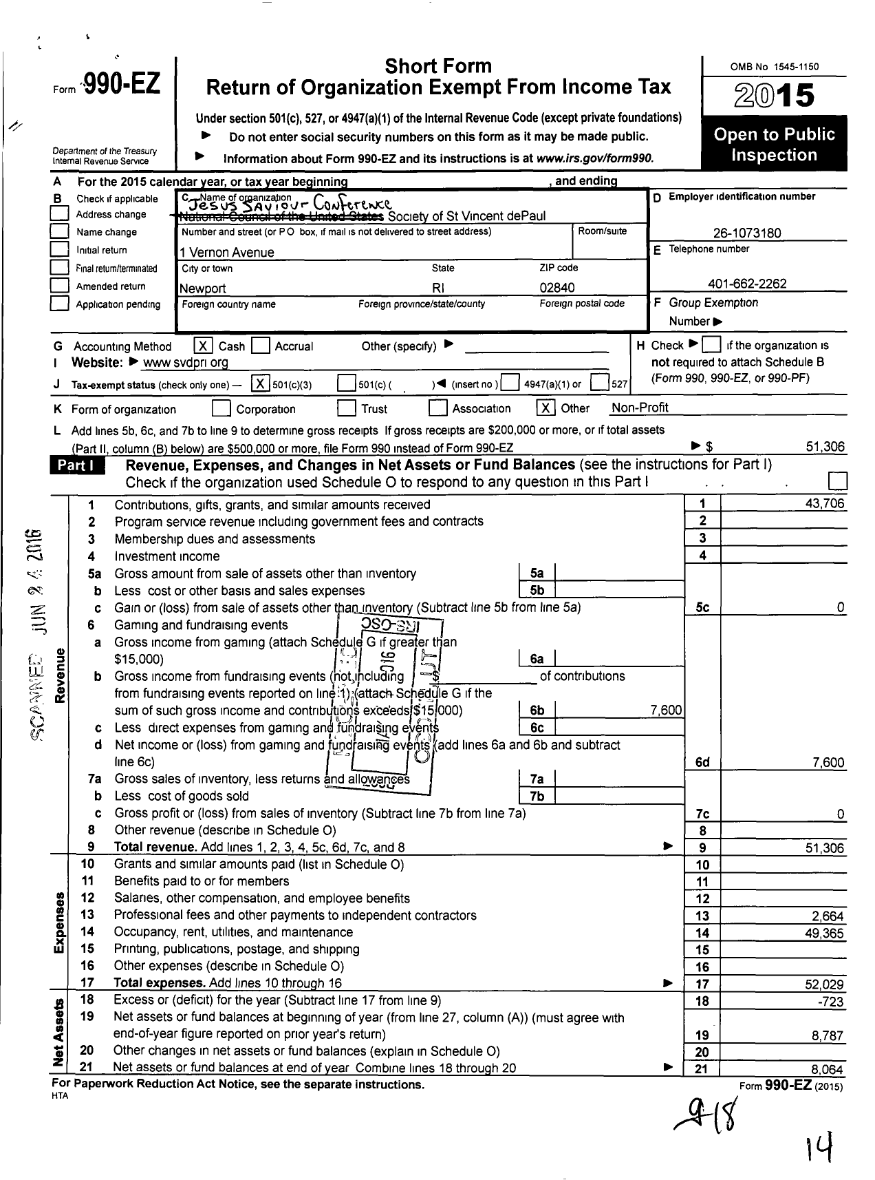 Image of first page of 2015 Form 990EZ for Jesus Saviour Conference Society of St Vincent de Paul