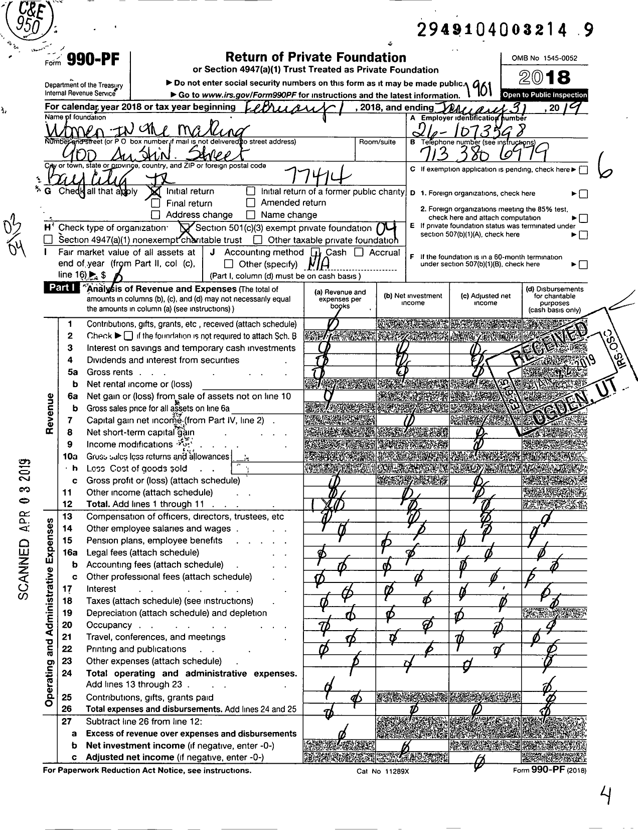 Image of first page of 2018 Form 990PF for Women in the Making Ministries