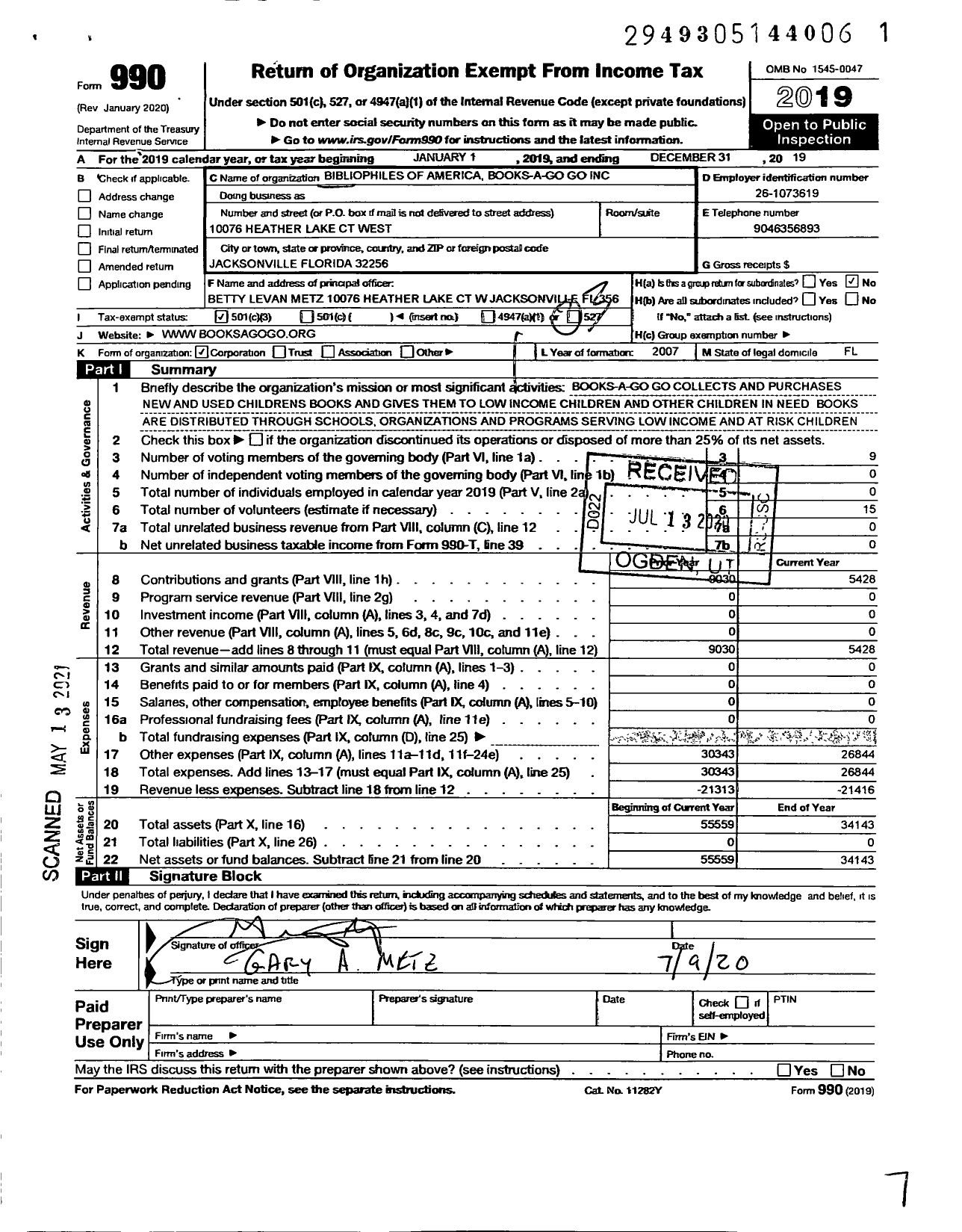 Image of first page of 2019 Form 990 for Bibliophiles of America Books -a-go Go