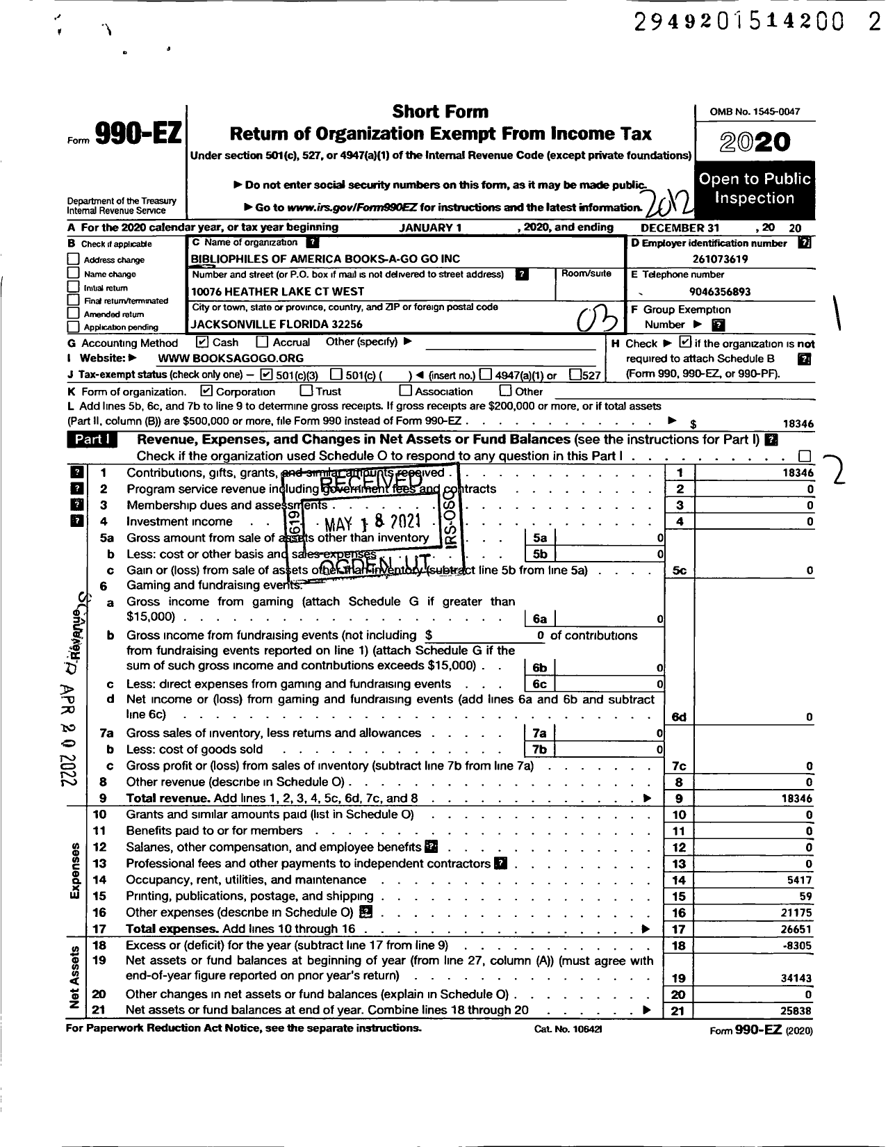 Image of first page of 2020 Form 990EZ for Bibliophiles of America Books -a-go Go