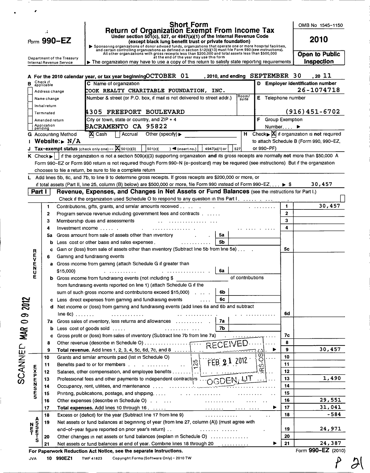 Image of first page of 2010 Form 990EZ for Cook Realty Charitable Foundation