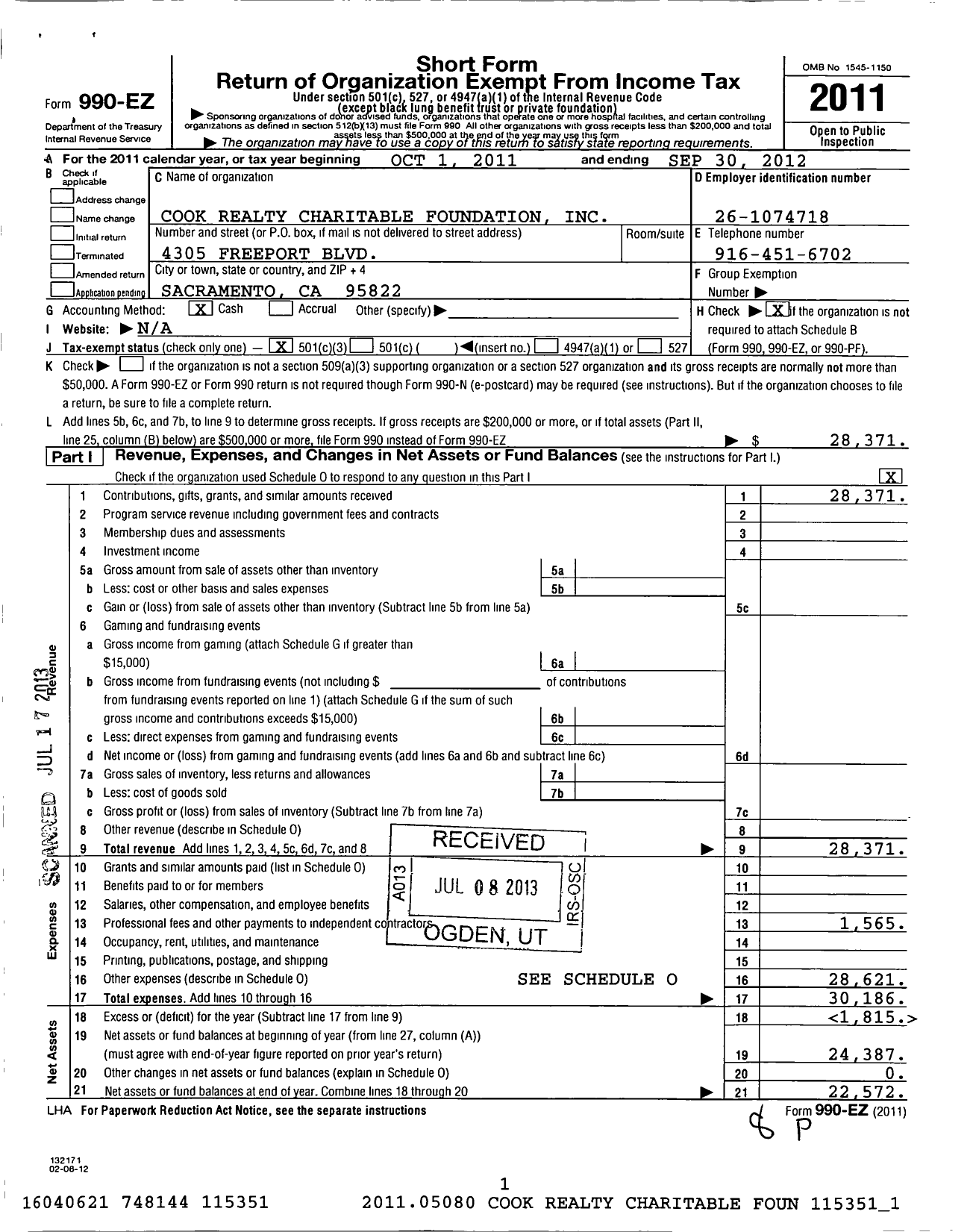 Image of first page of 2011 Form 990EZ for Cook Realty Charitable Foundation